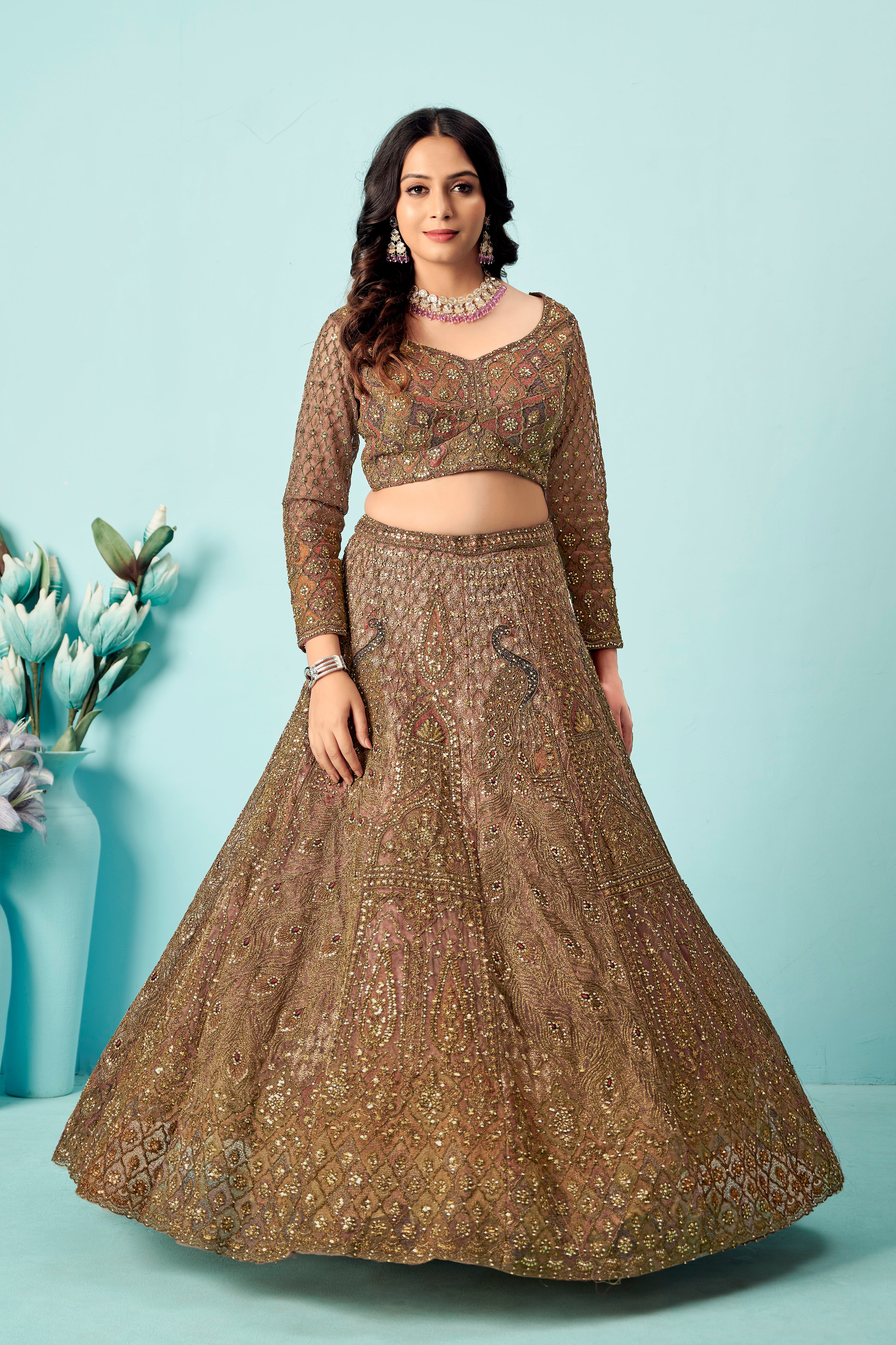 Antique Rose Gold Heavy Embroidered Lehenga Set