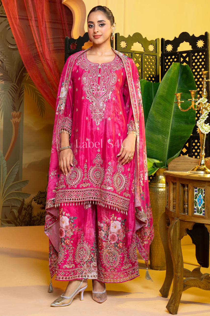 Pink Zari Floral Suit Set