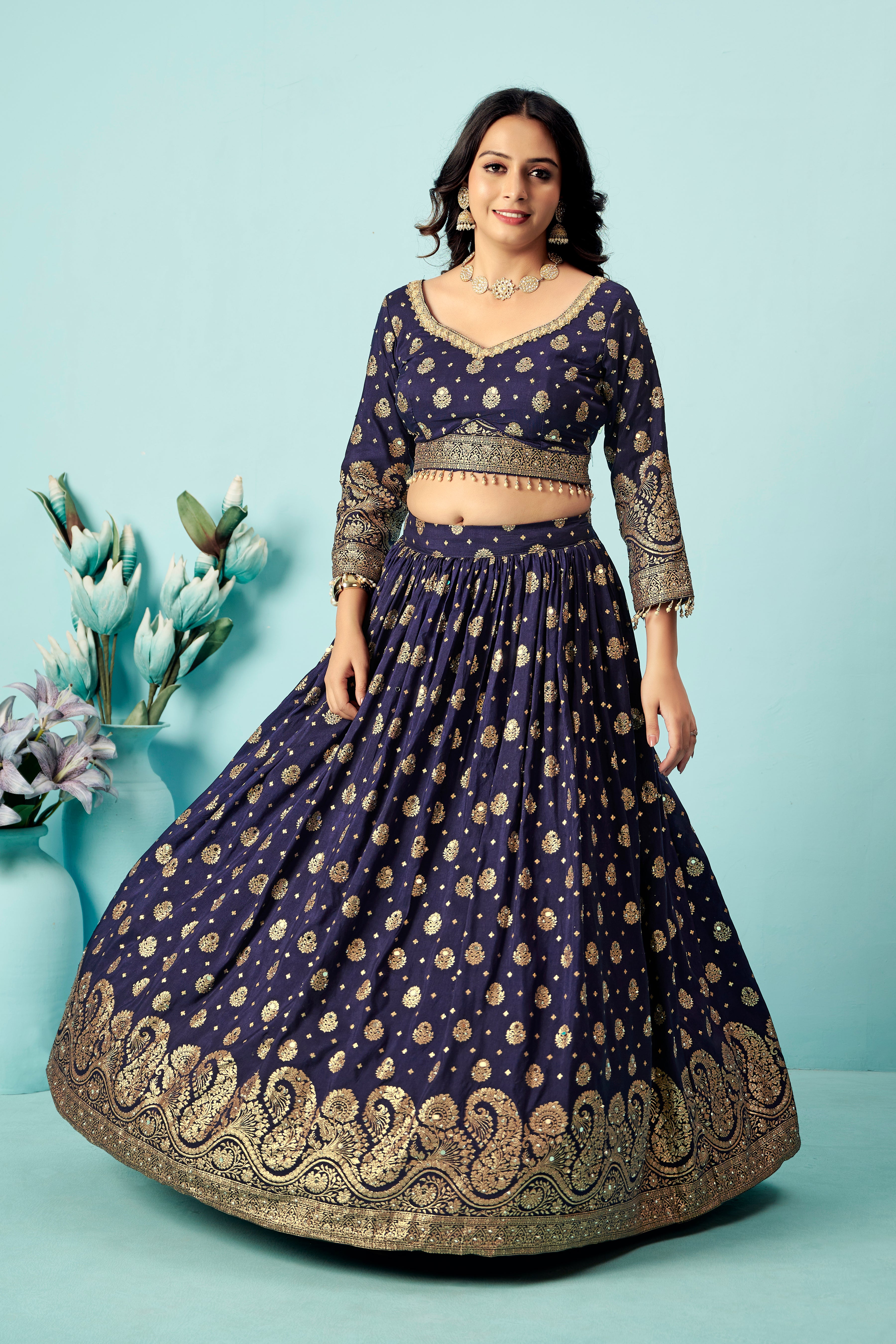 Navy Gold Zari Lehenga Set
