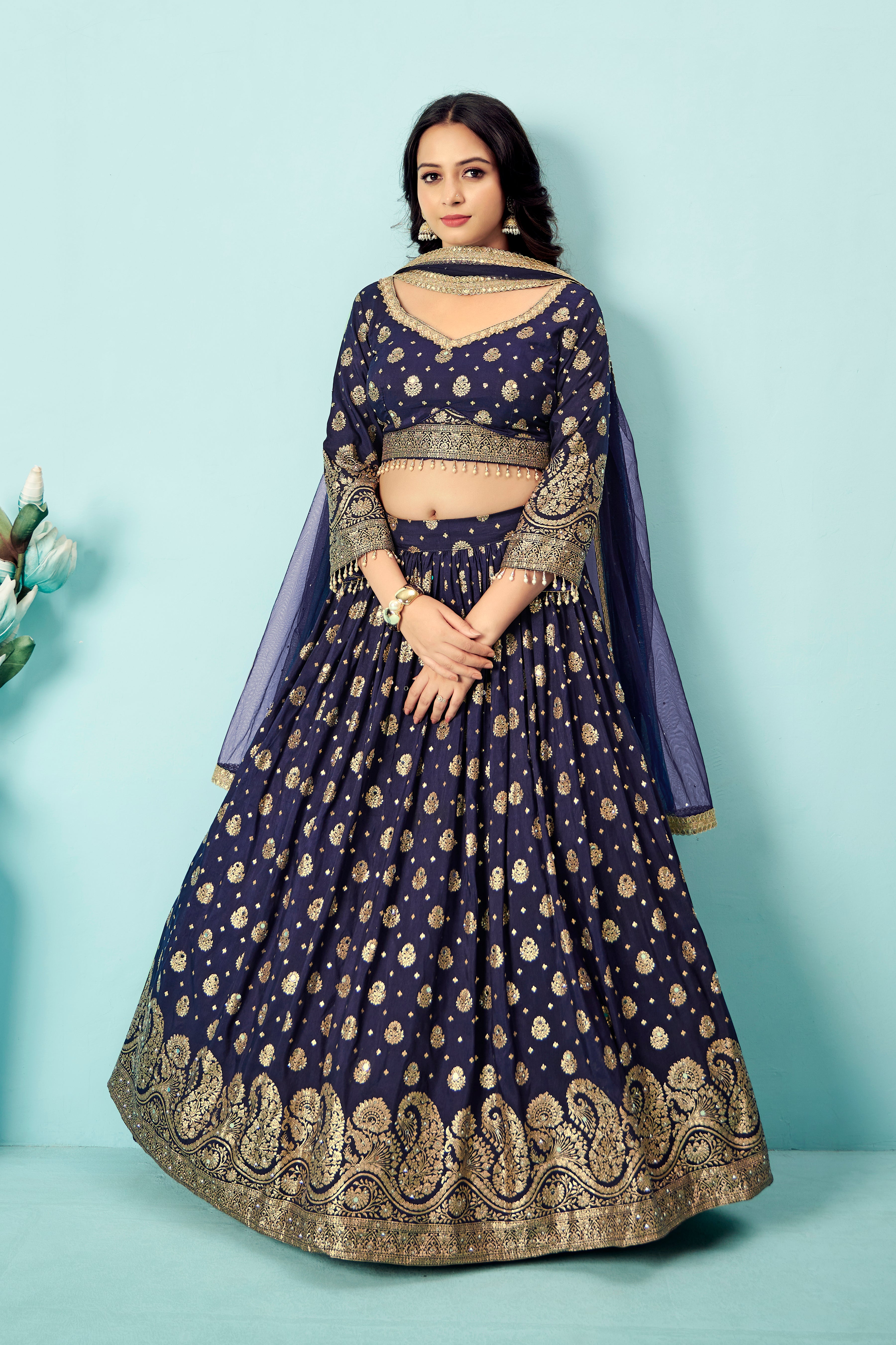 Navy Gold Zari Lehenga Set