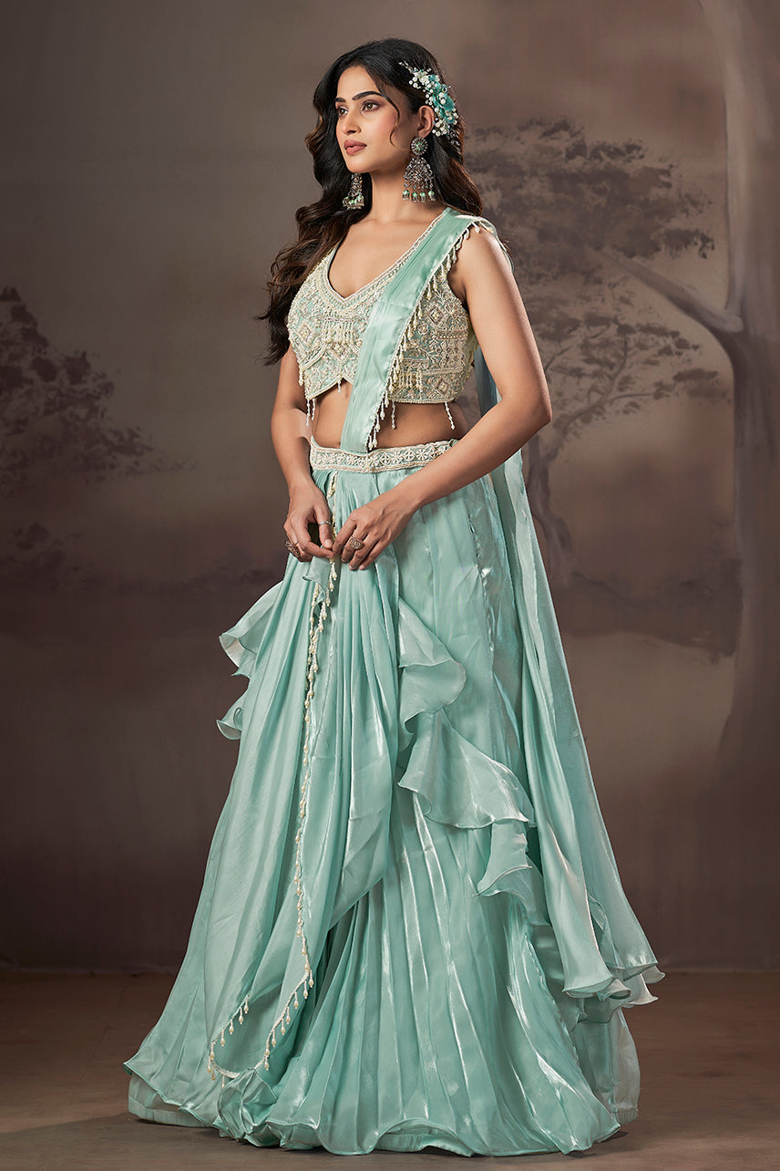 Mint Cascade Ruffle Lehenga Set