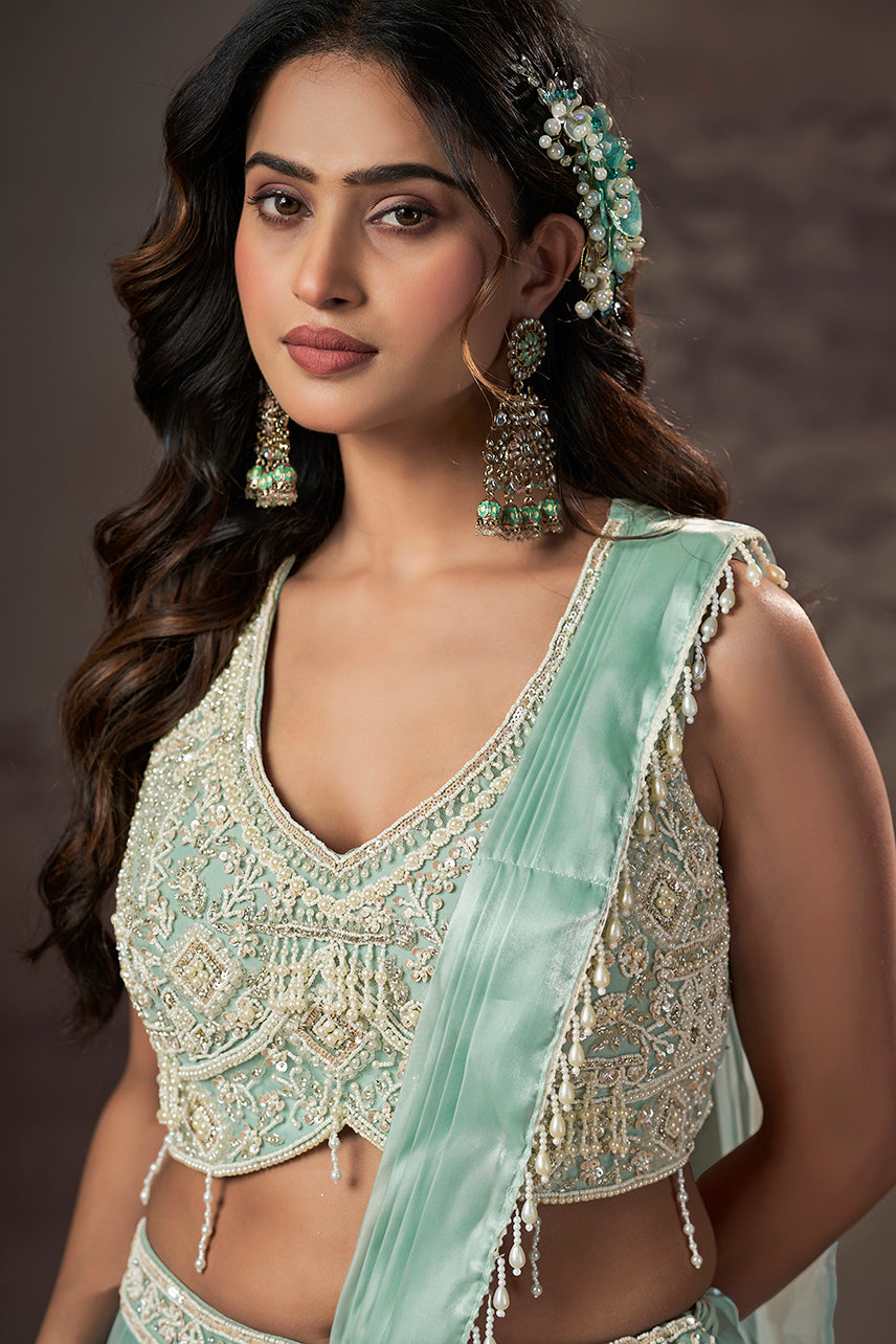 Mint Cascade Ruffle Lehenga Set