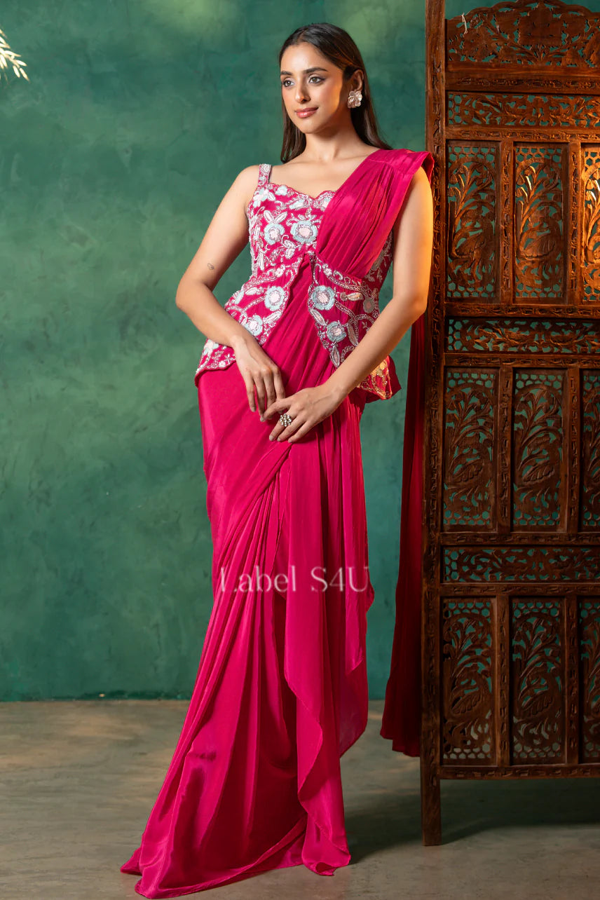 Hot Pink Ruffle Saree Set