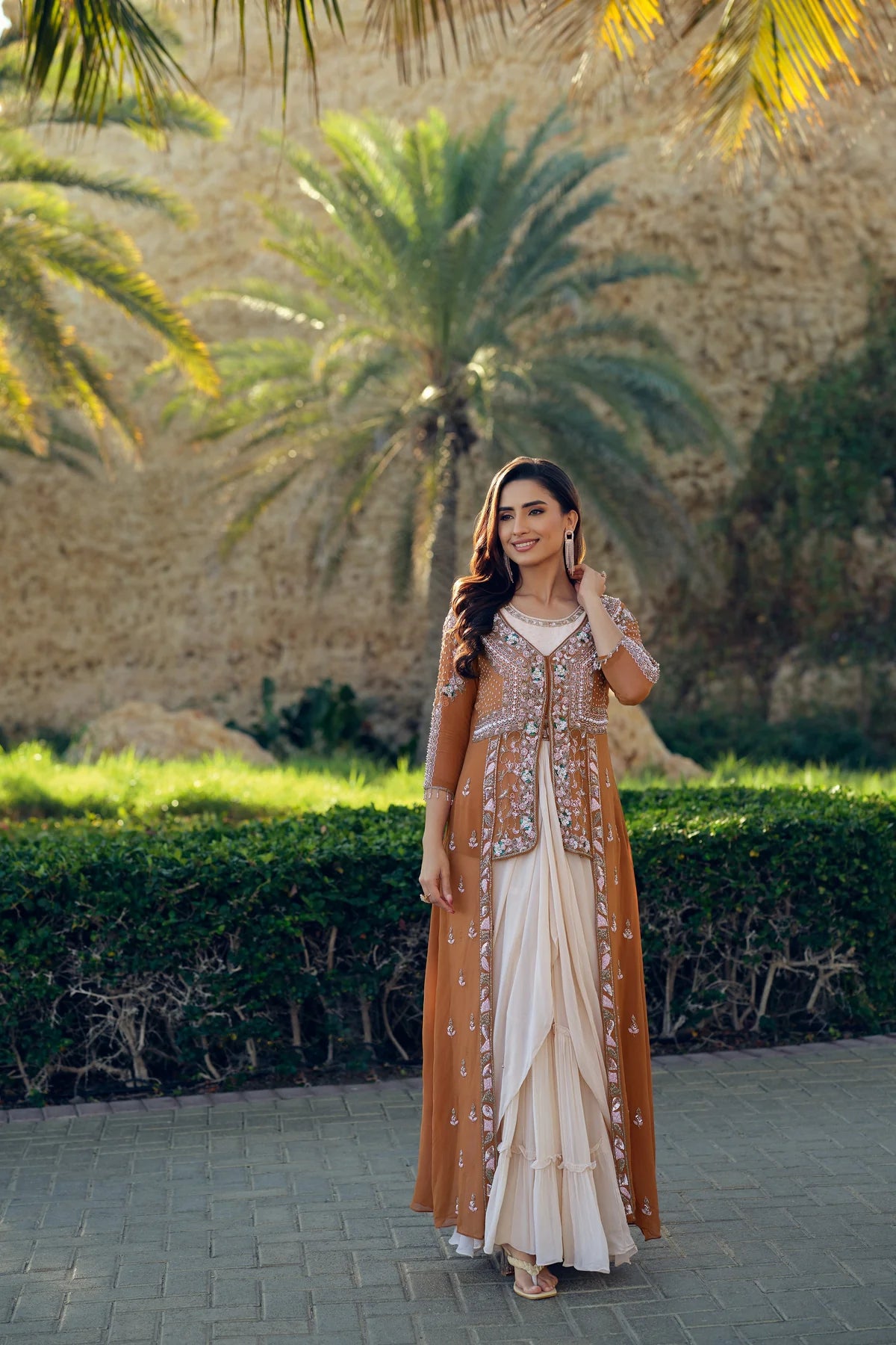 Caramel Embroidered Jacket Suit Set