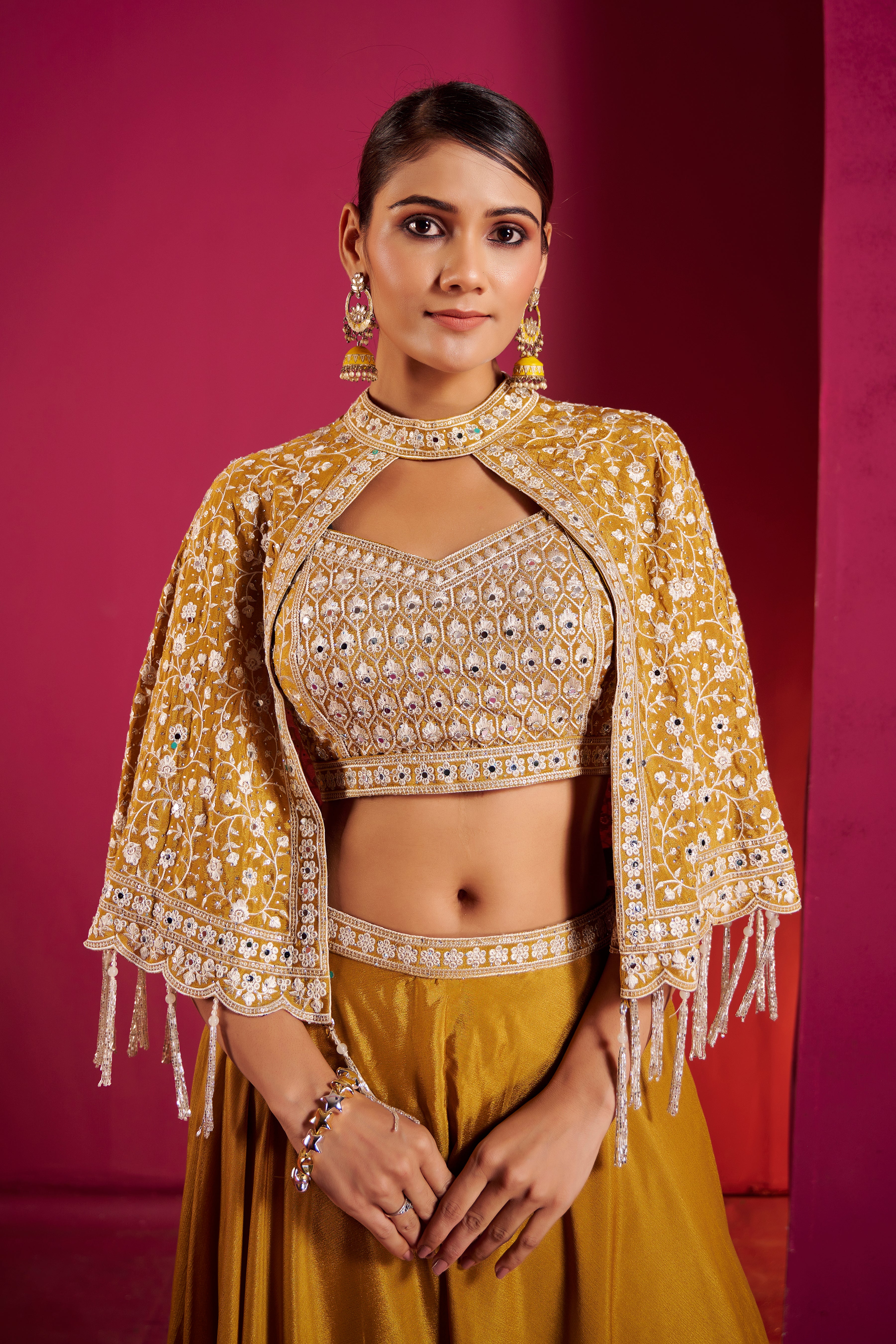 Mustard Mirror Work Lehenga Set
