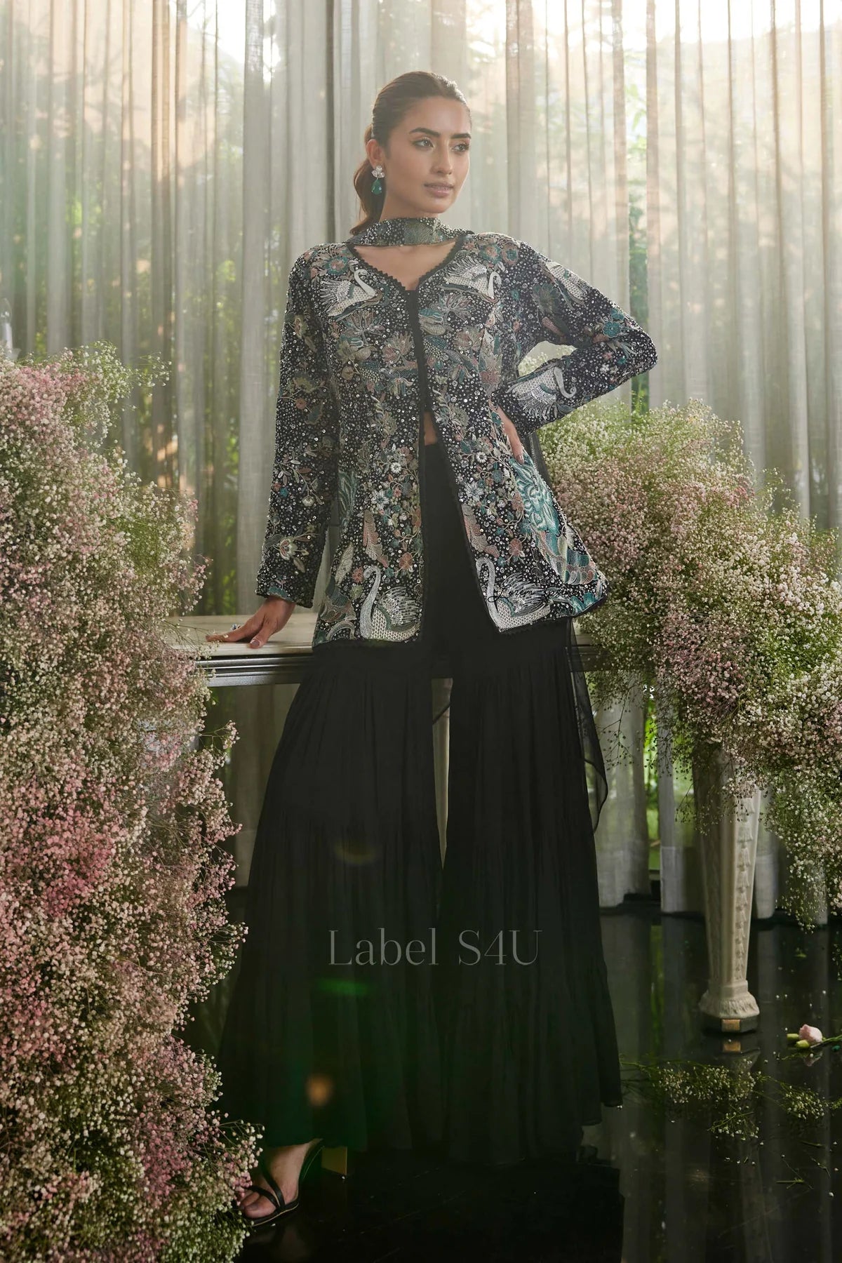 Embellished Black Peacock Jacket Set