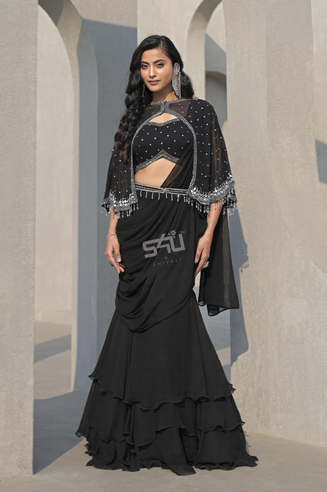 Midnight Ripple Layered Ruffle Saree Set