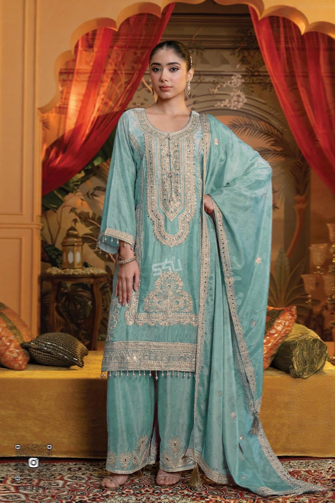 Mint Royale Embroidered Kurta Sharara Dupatta Set