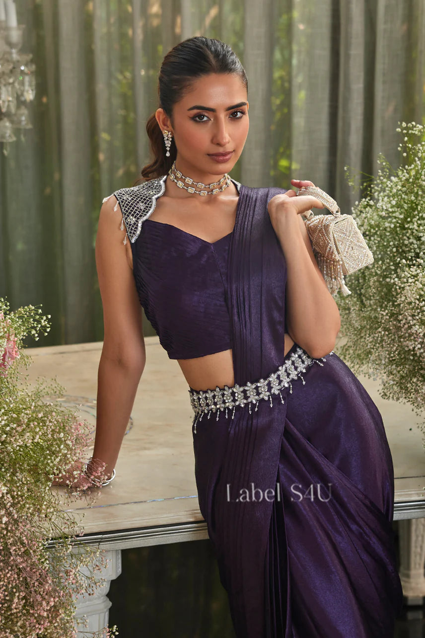 Plum Crystal Drape Saree