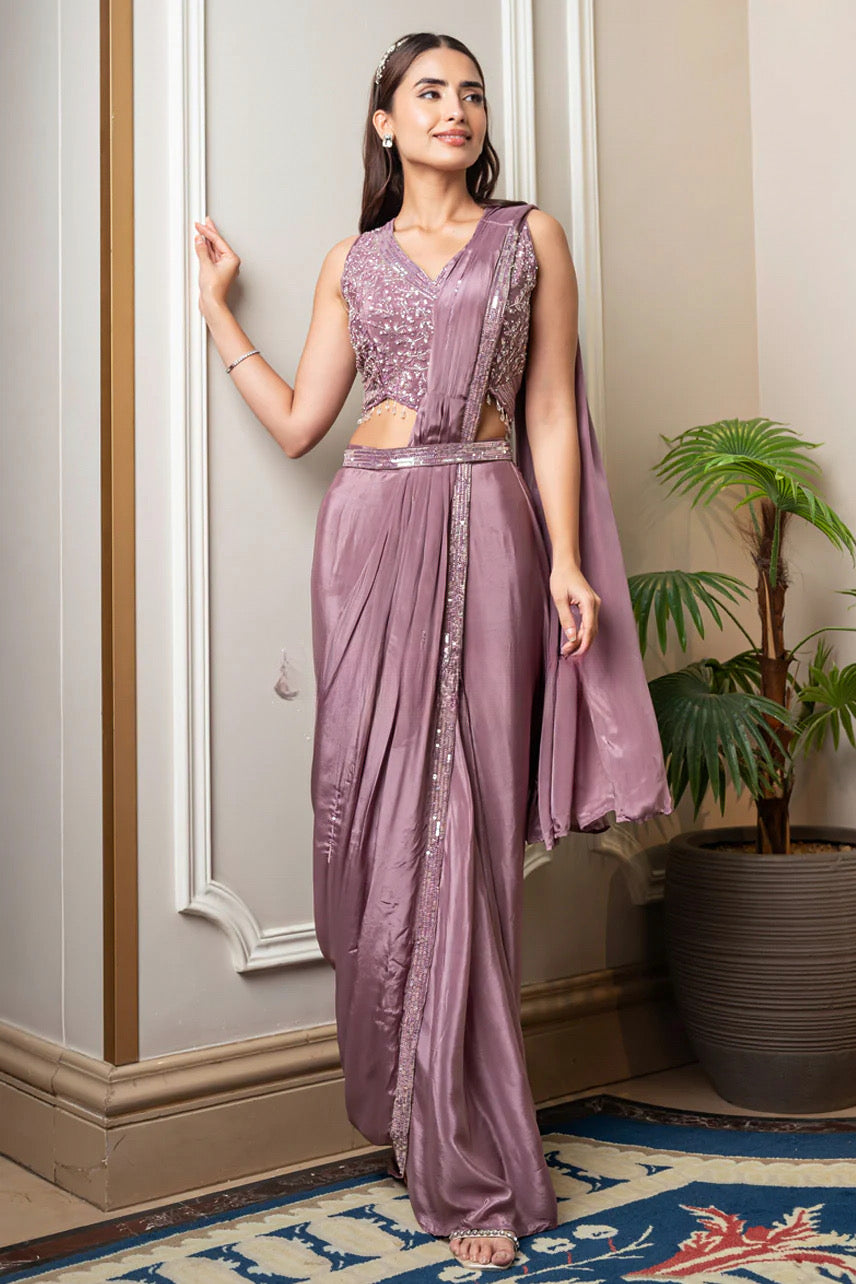Mauve Drape Saree Set