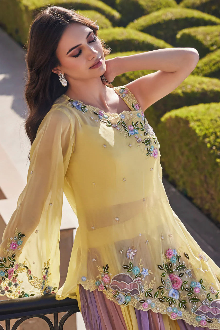 Lemon Lilac Embroidered Lehenga Set