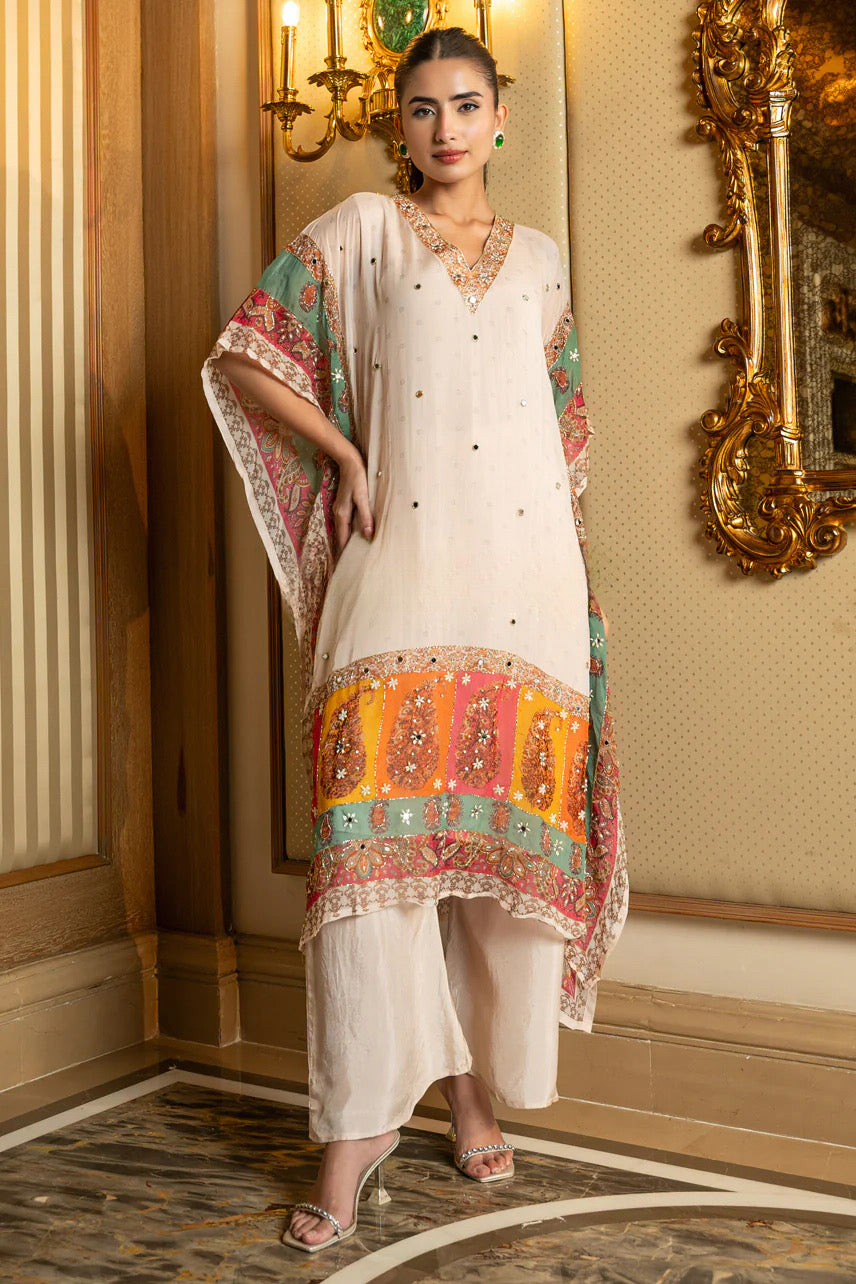 Ivory Mosaic Printed Kaftan Kurta Pant Set