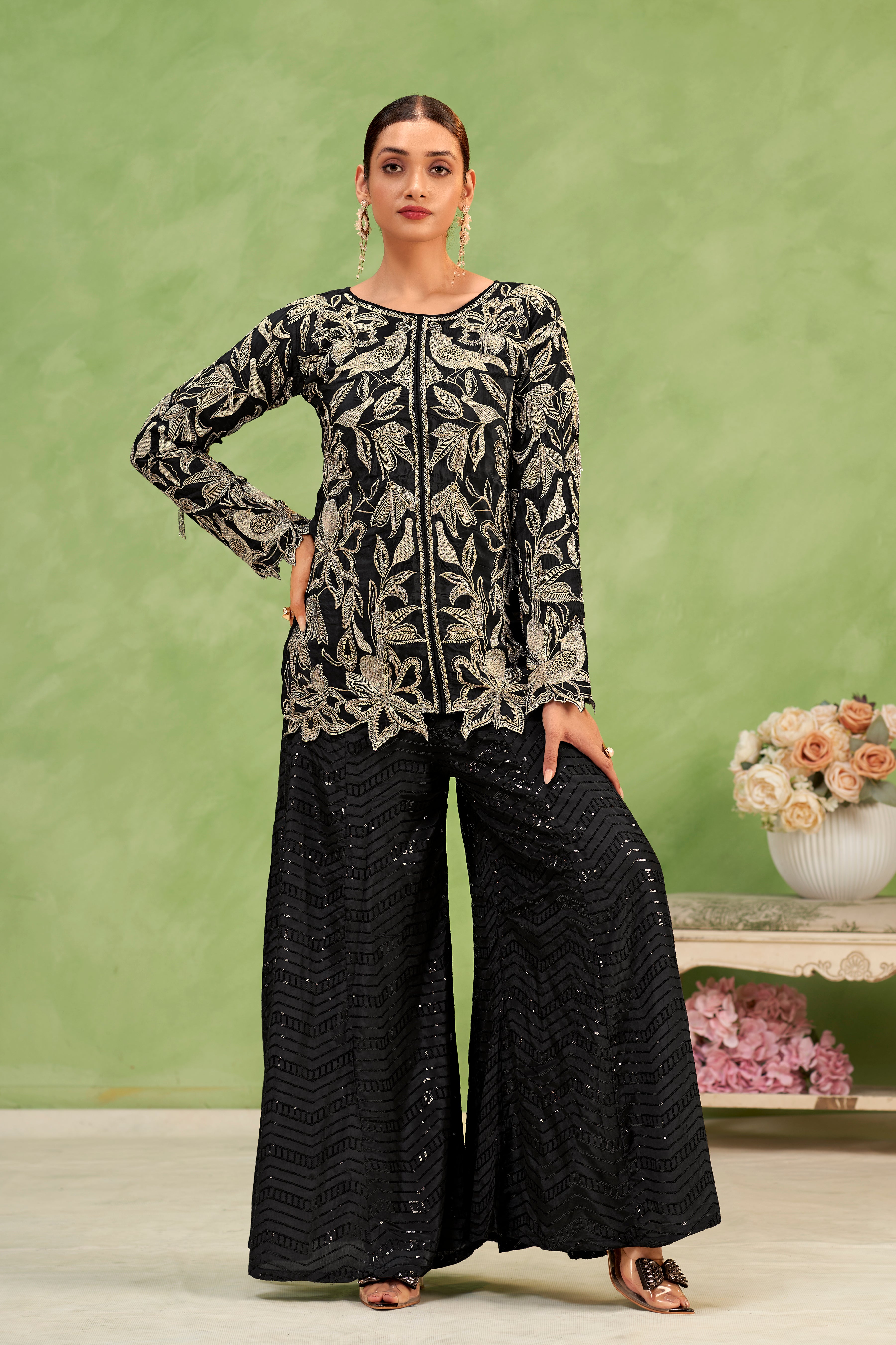 Noir Bloom Embroidered Top & Sequin Sharara Set