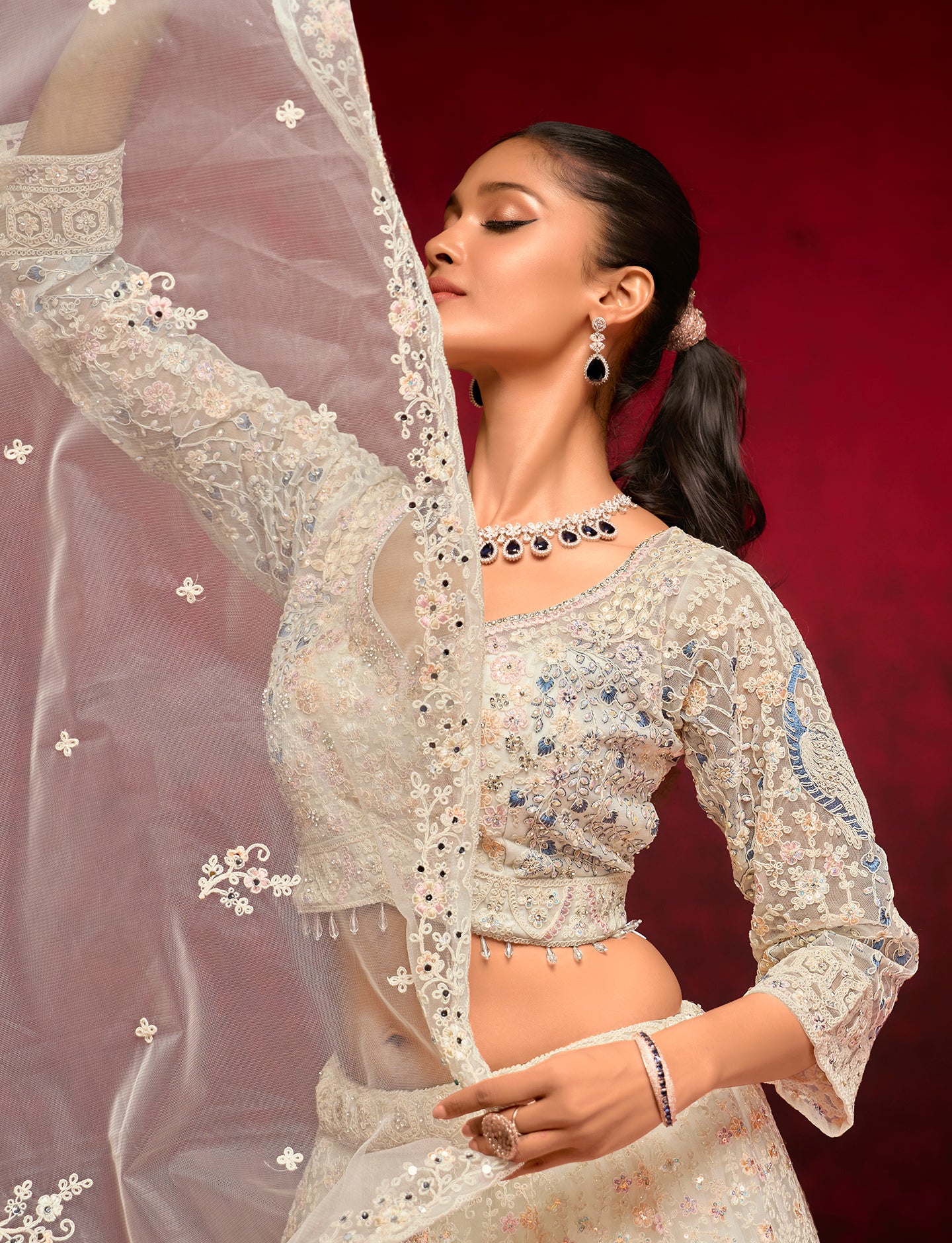 Ivory Peacock Embroidered Lehenga
