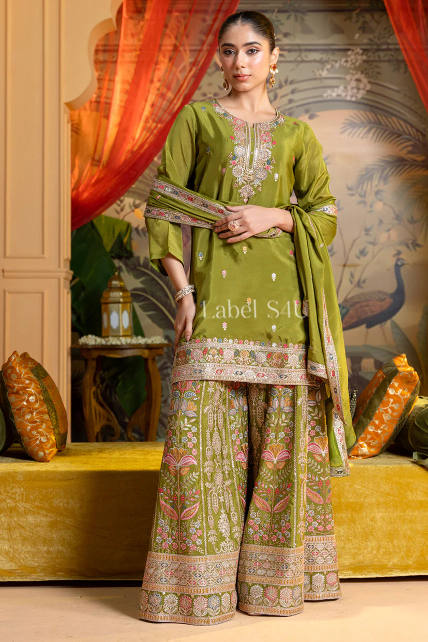 Olive Embroidered Sharara Suit Set