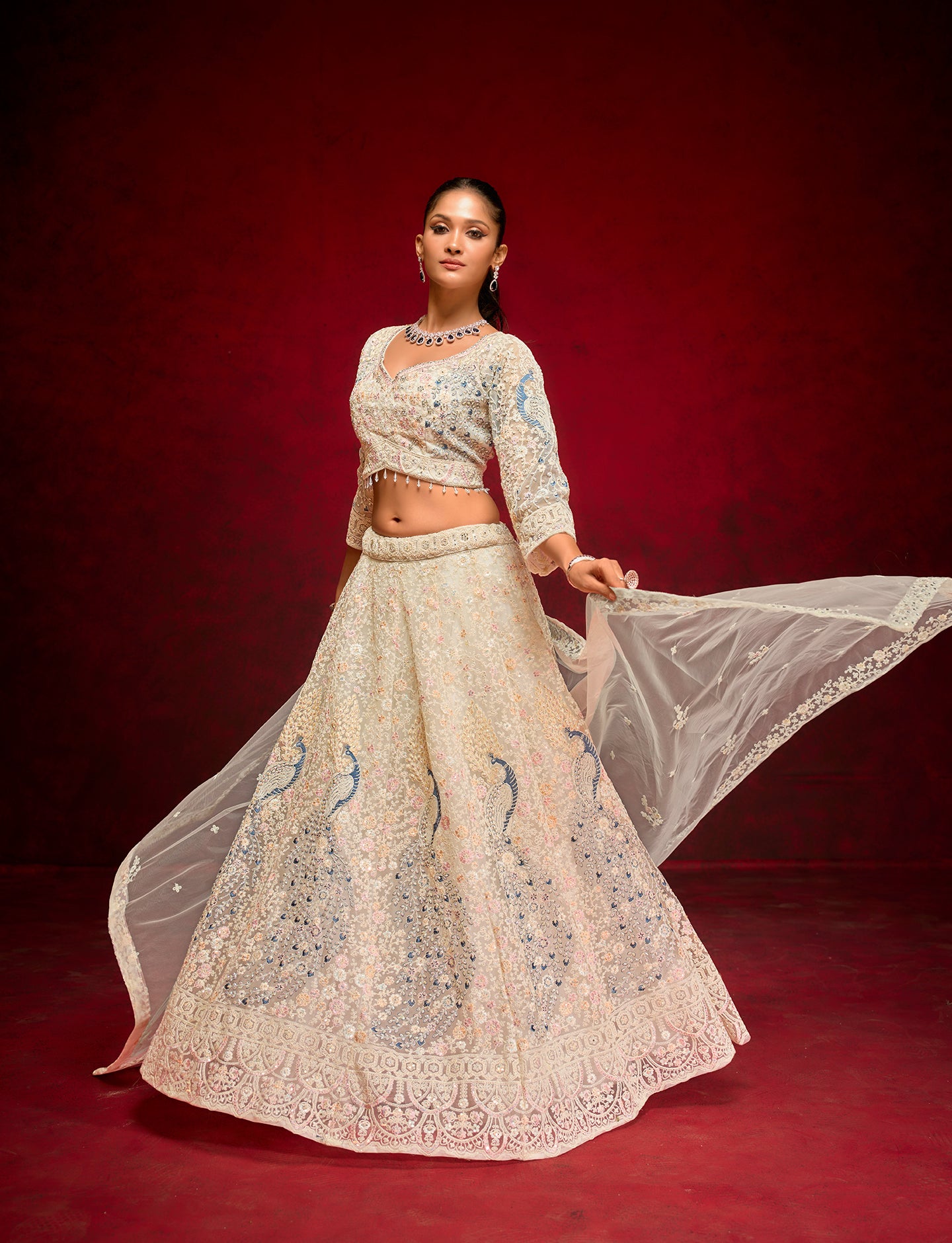 Ivory Peacock Embroidered Lehenga