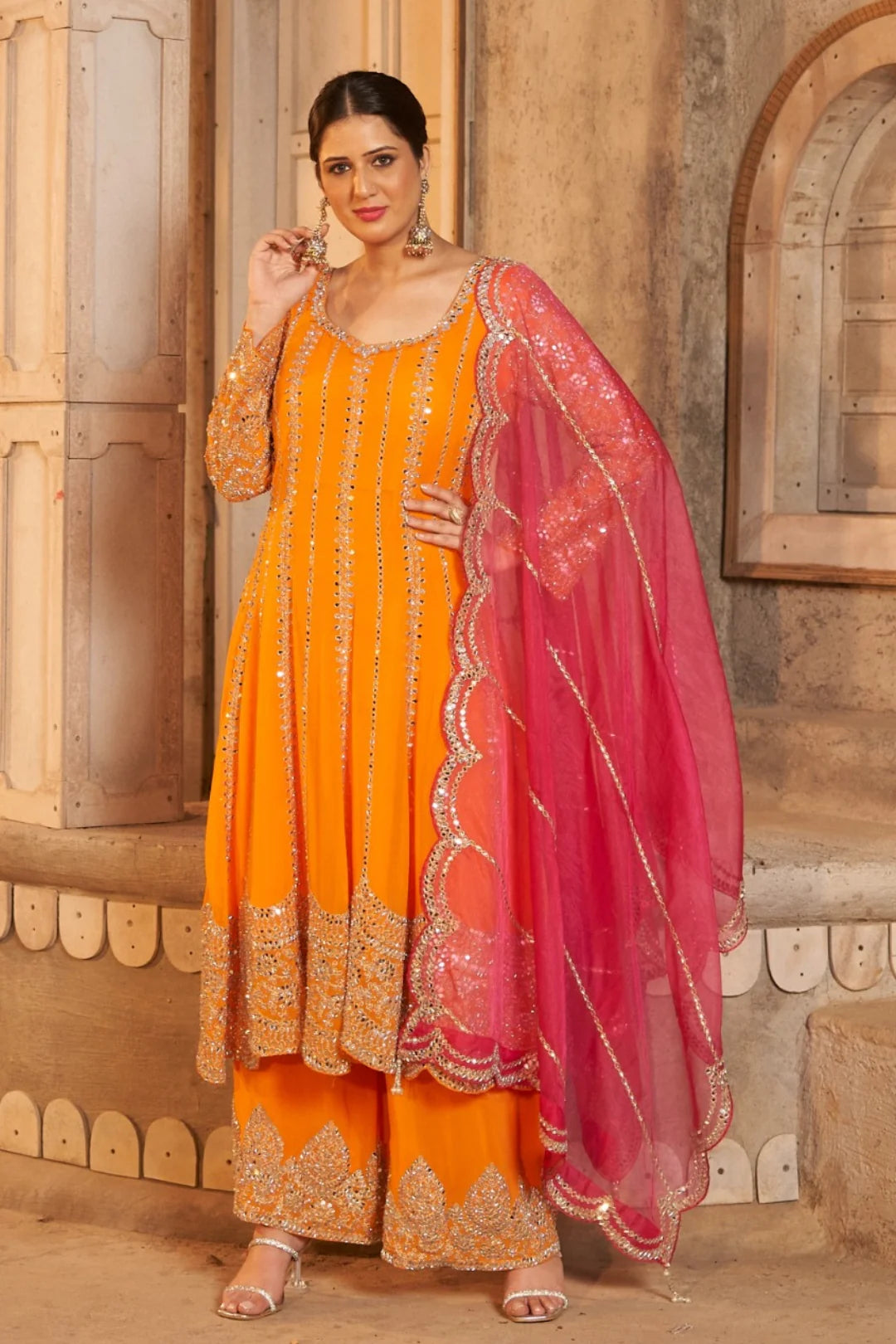 Orange Mirrorwork Sharara Suit Set