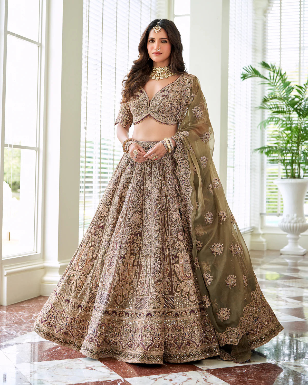 Champagne Embroidered Lehenga Set