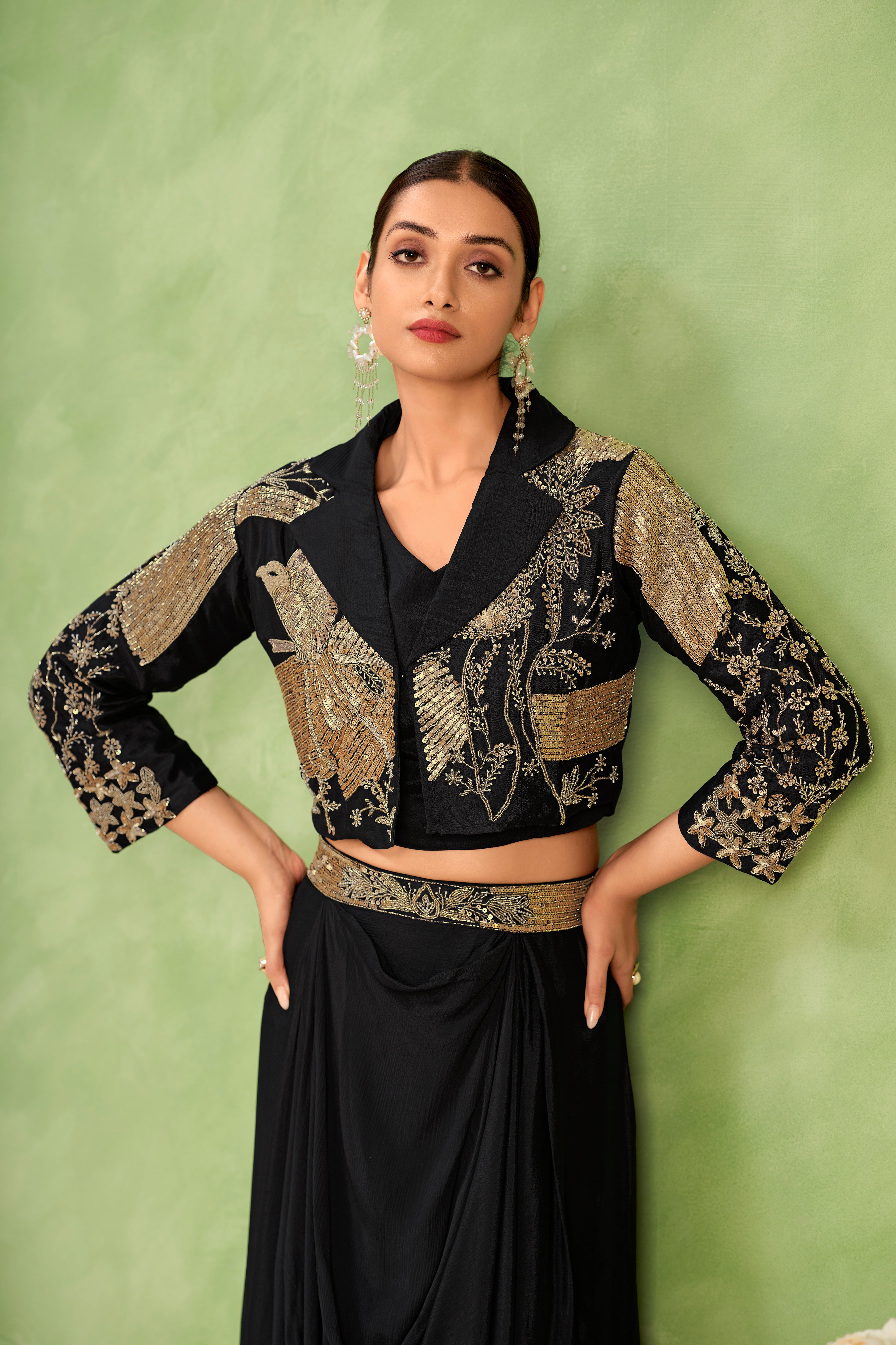 Midnight Stardust Embellished Jacket & Draped Skirt Set