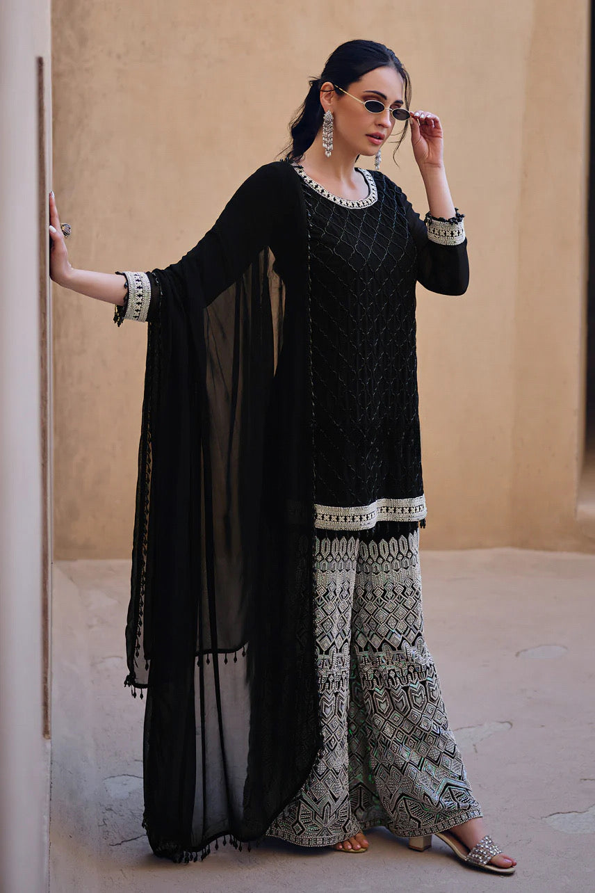 Black Velvet Lattice Embroidered Sharara Set
