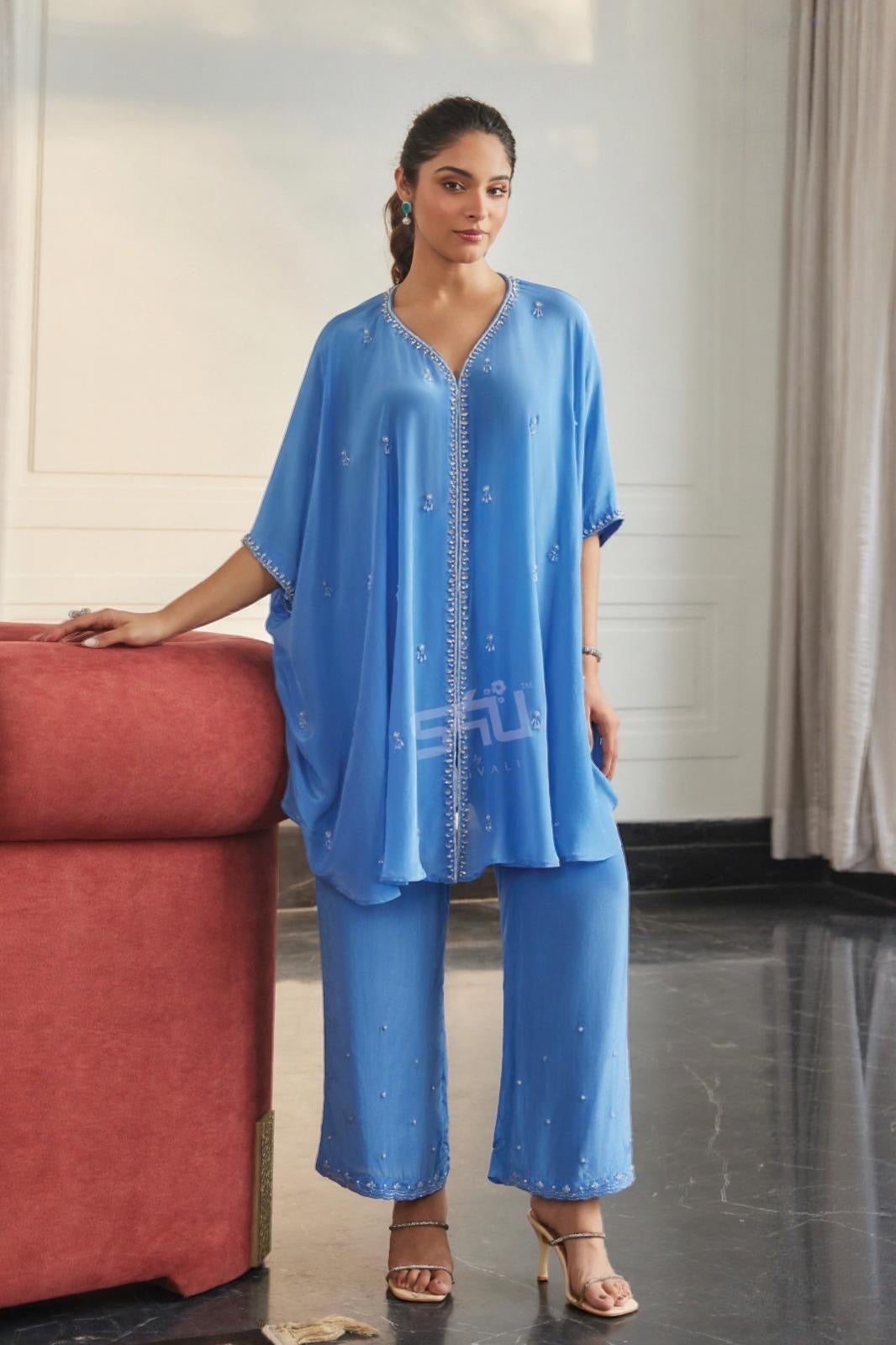 Sky Blue Embellished Kaftan Co-Ord Set
