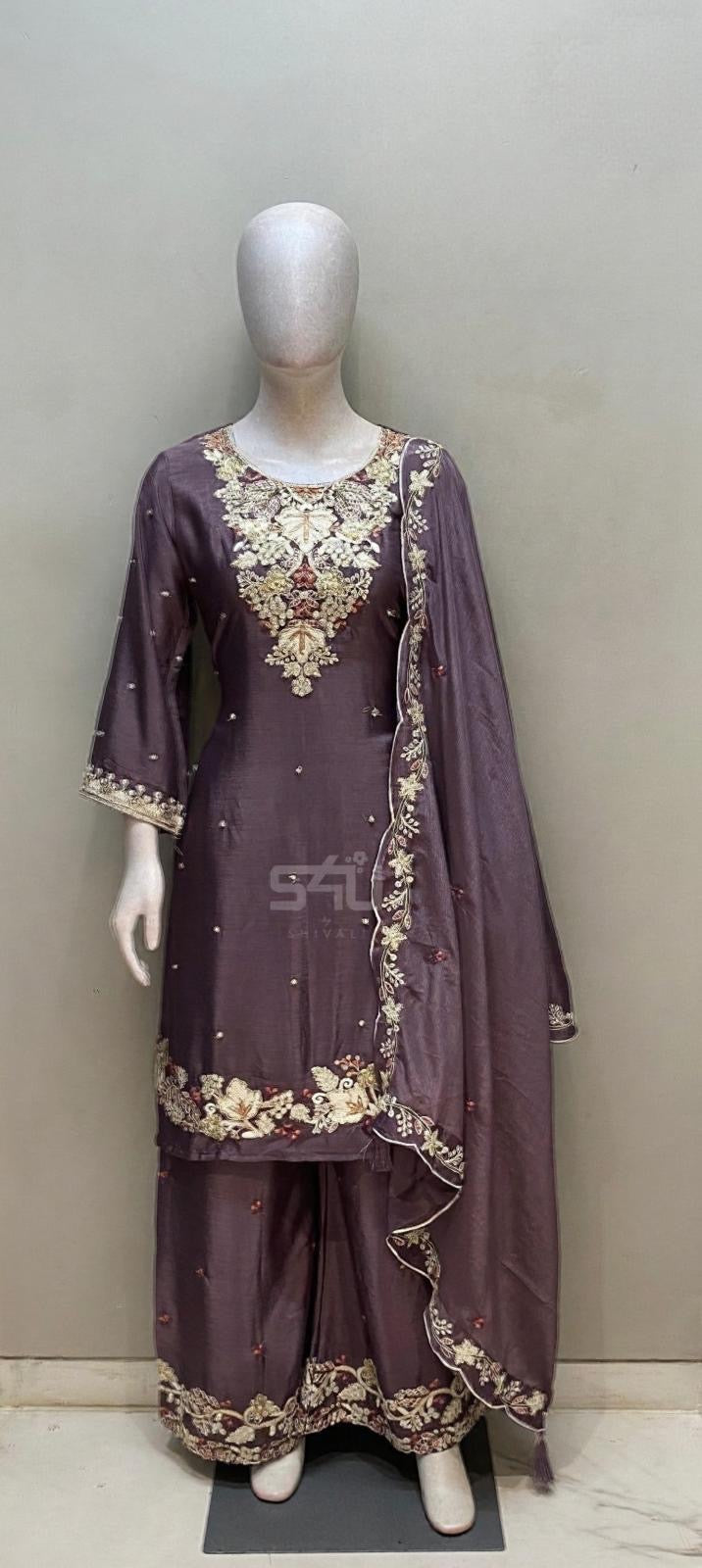 Mauve Bloom Embroidered Suit Set