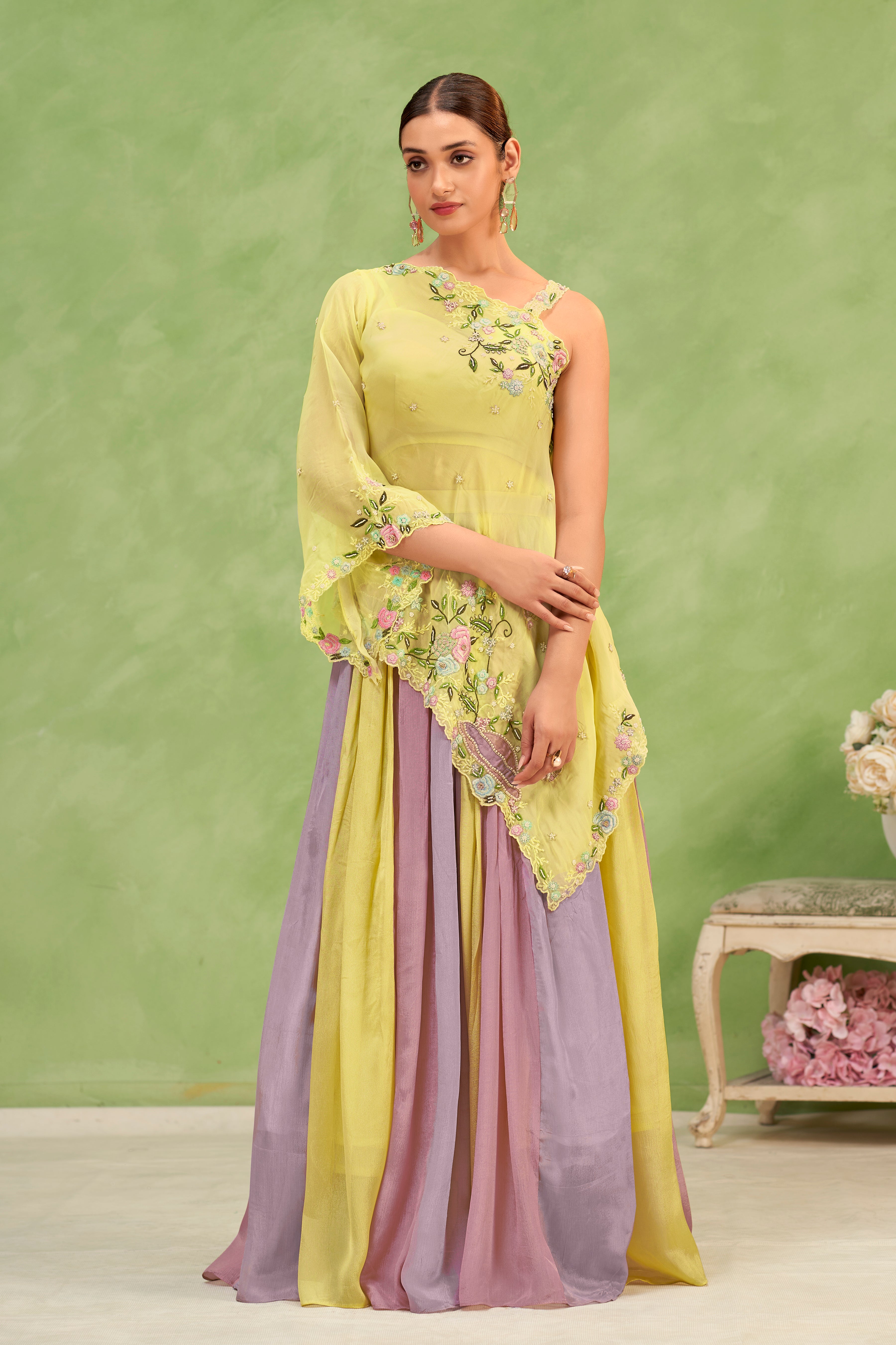 Lemon Lilac Embroidered Lehenga Set