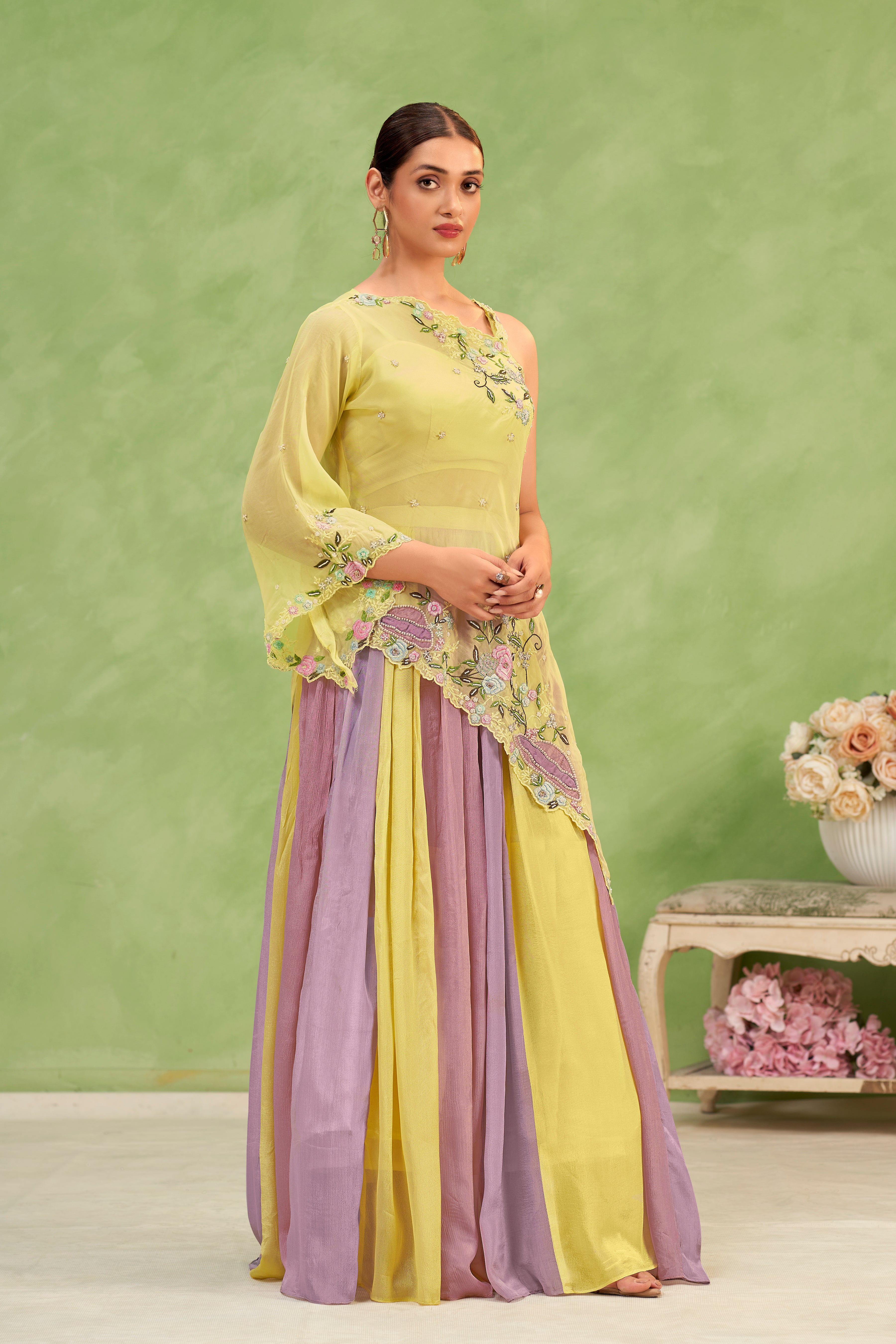 Lemon Lilac Embroidered Lehenga Set