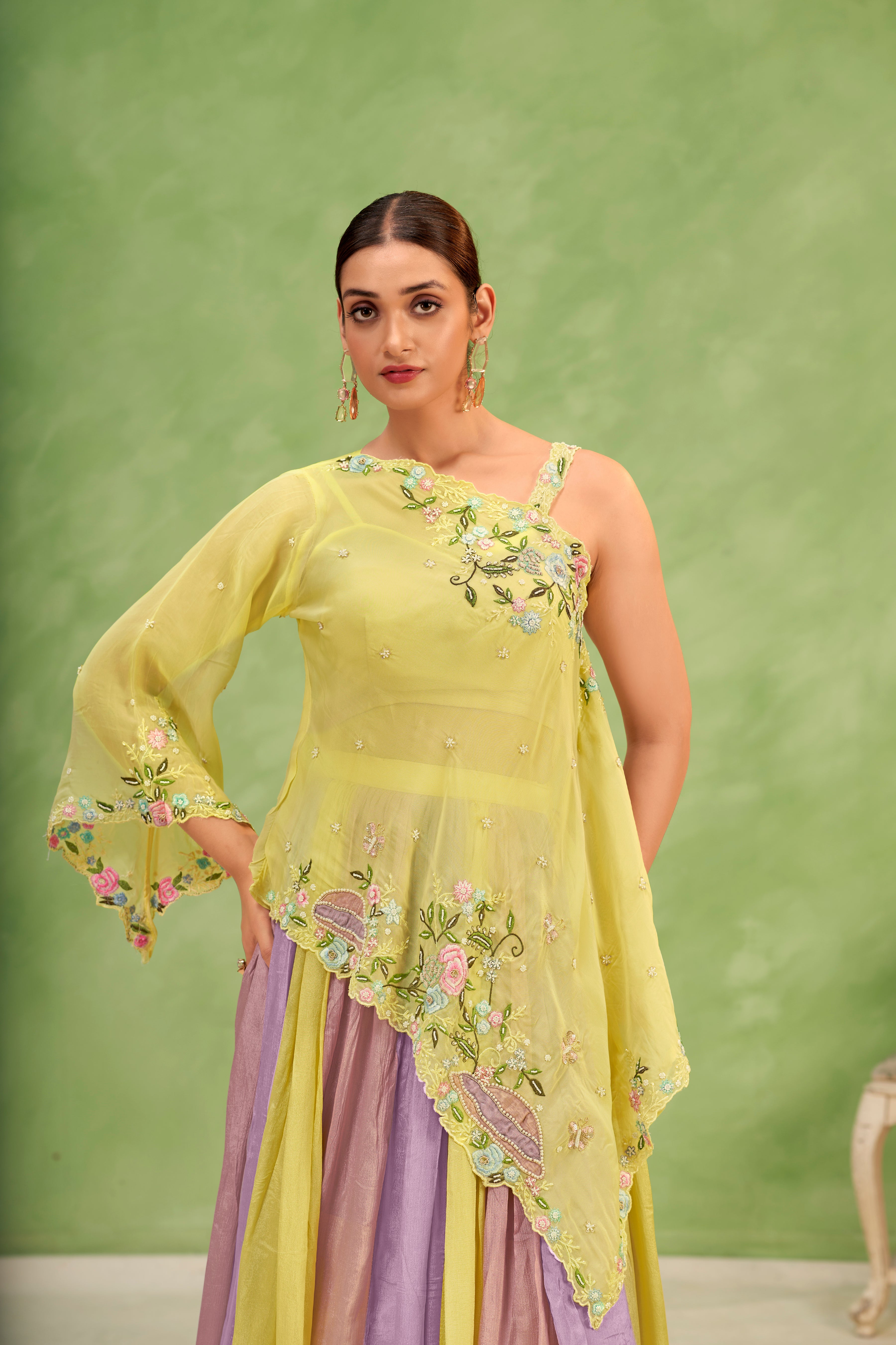 Lemon Lilac Embroidered Lehenga Set