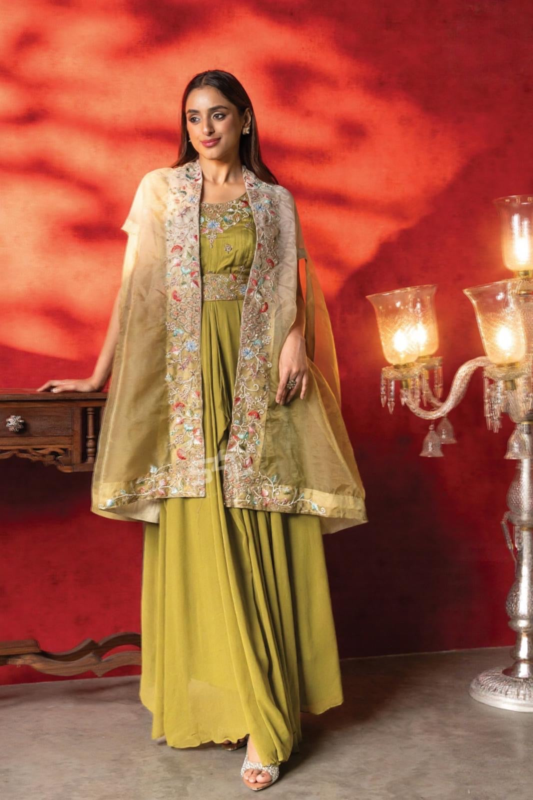 Olive Embroidered Cape Suit Set