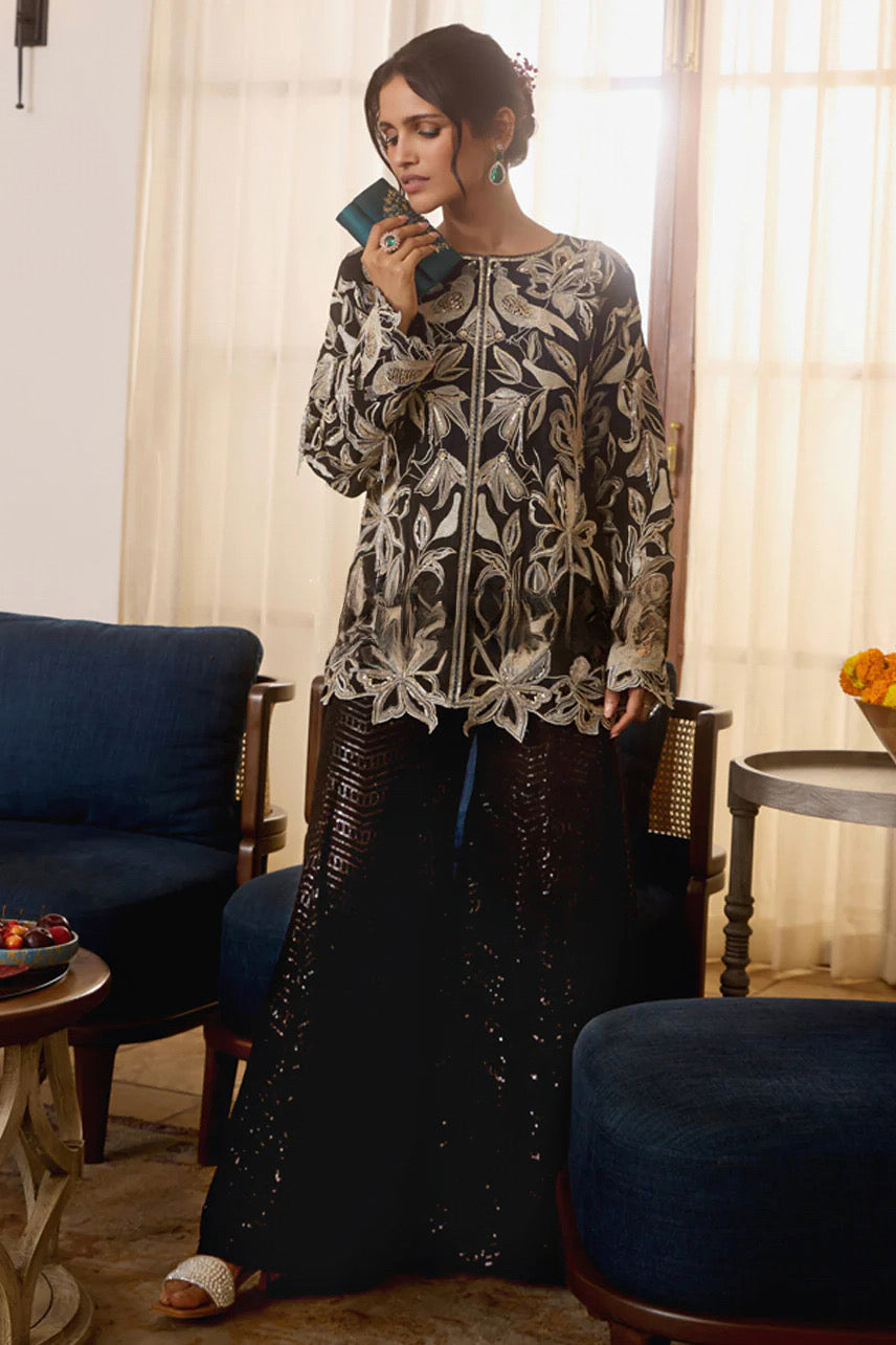 Noir Bloom Embroidered Top & Sequin Sharara Set