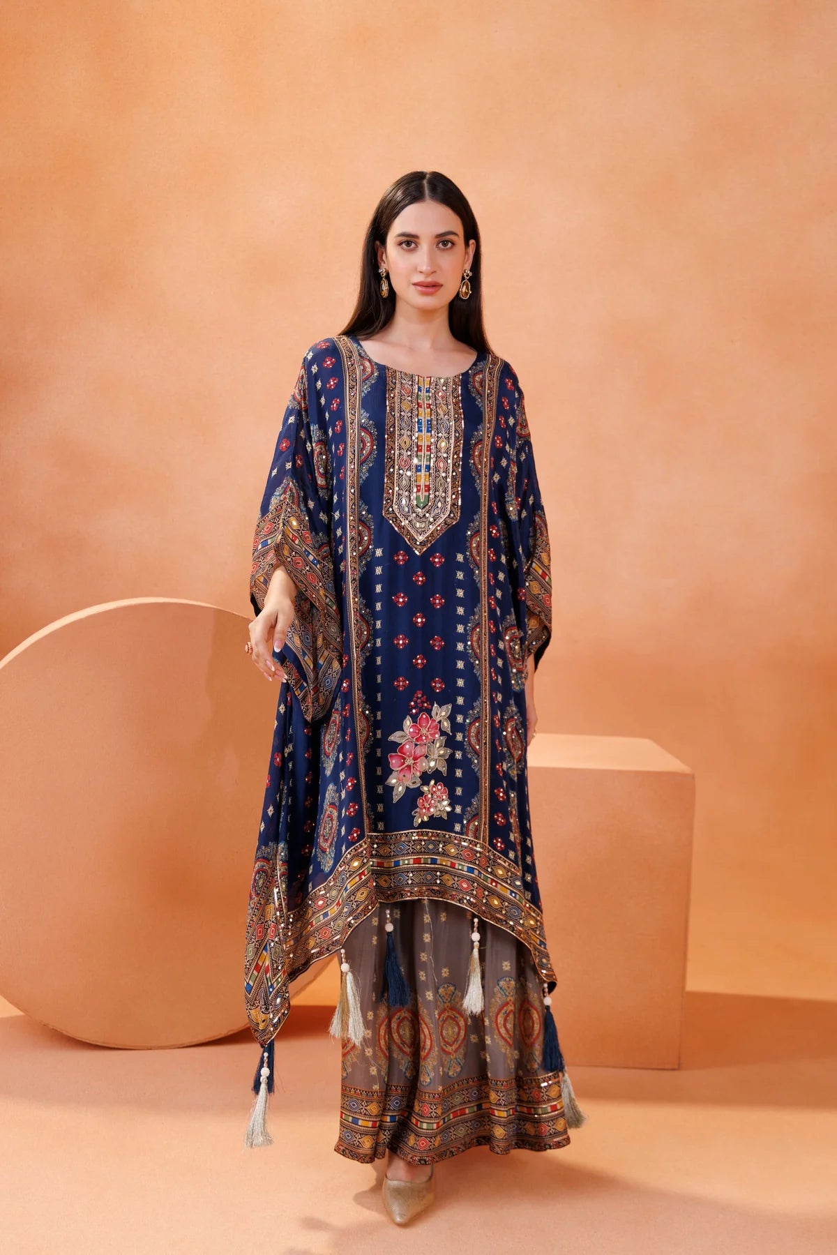 Navy Printed Kaftan Set