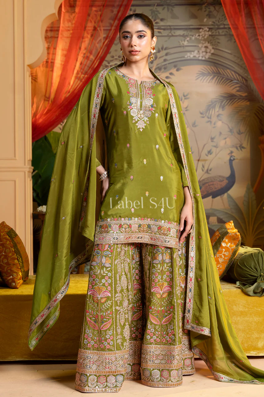 Olive Embroidered Sharara Suit Set