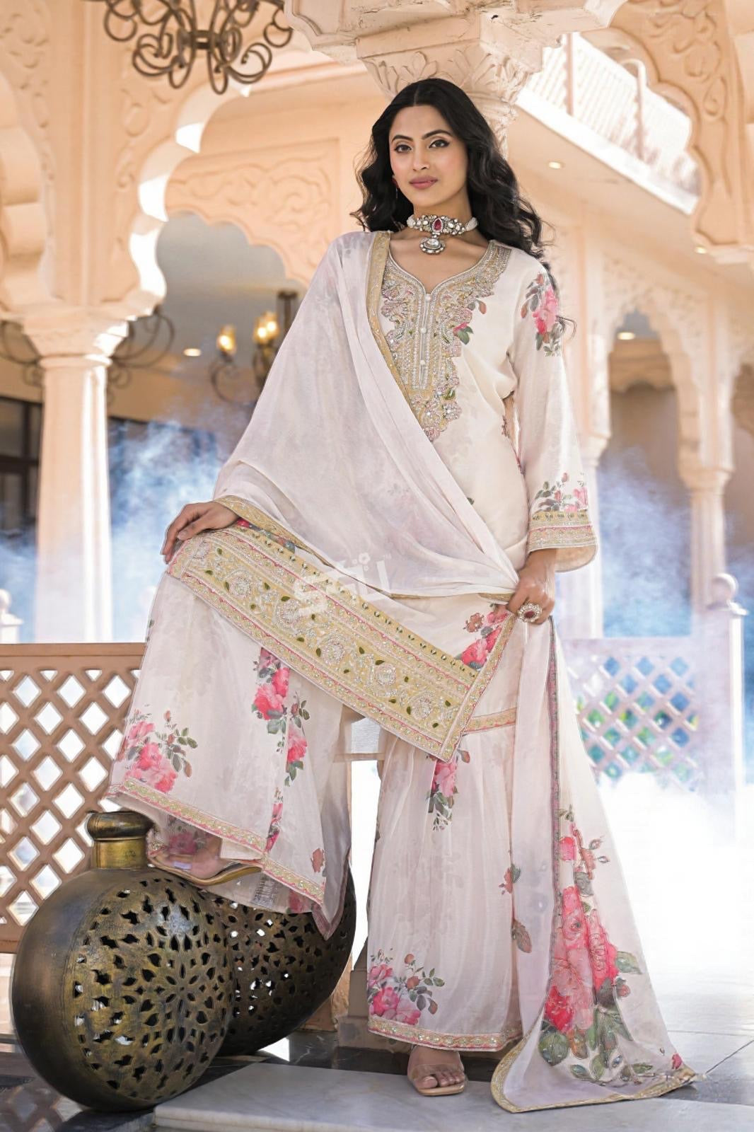 White Floral Sharara Set