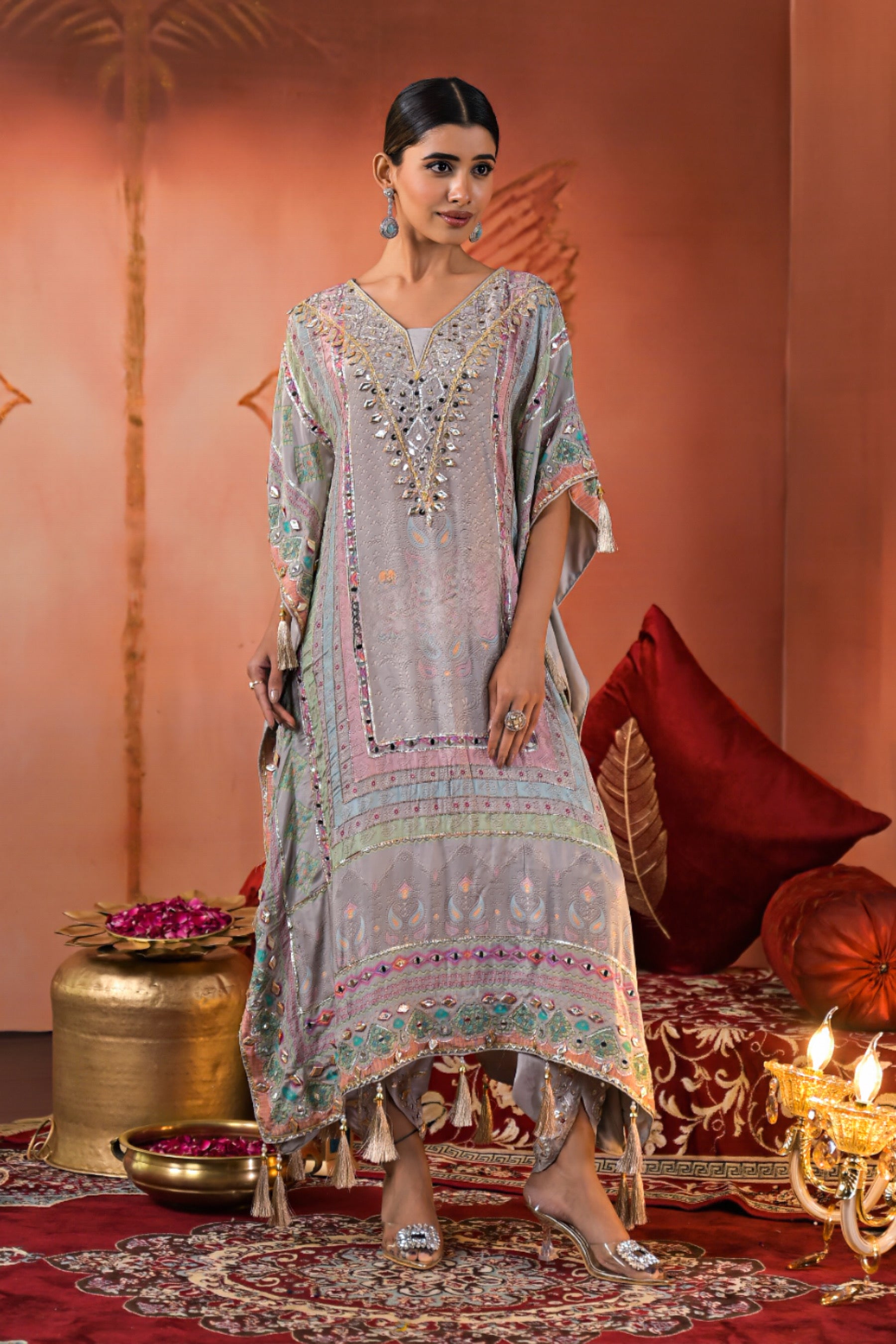 Grey Pastel Mirrorwork Kaftan Set