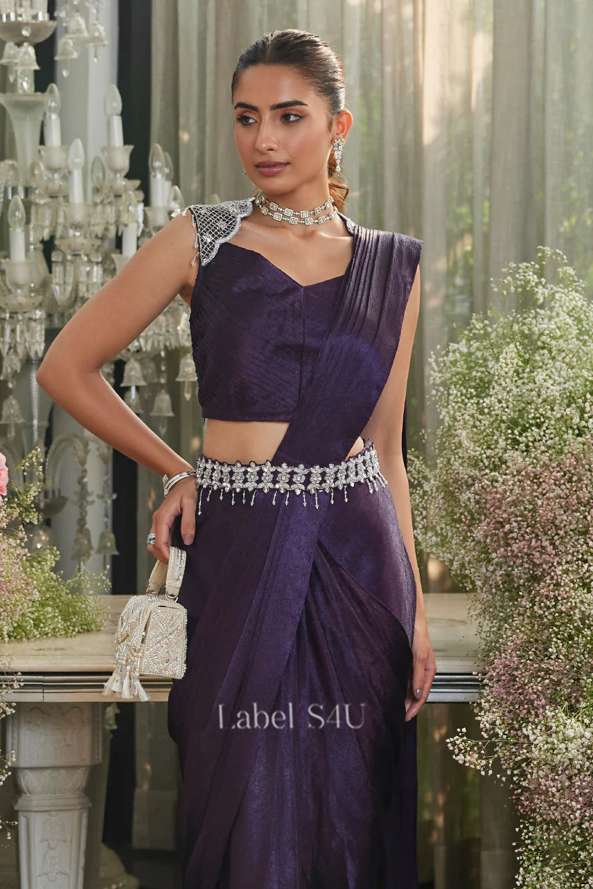 Plum Crystal Drape Saree