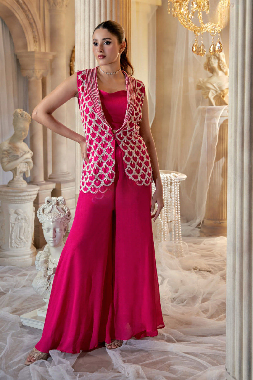 Pink Embroidered Jacket Set