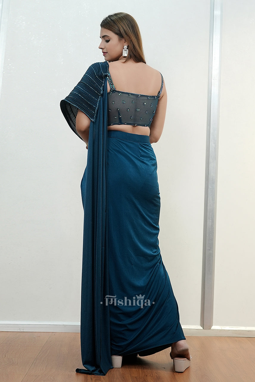 Teal Draped Saree Ensemble