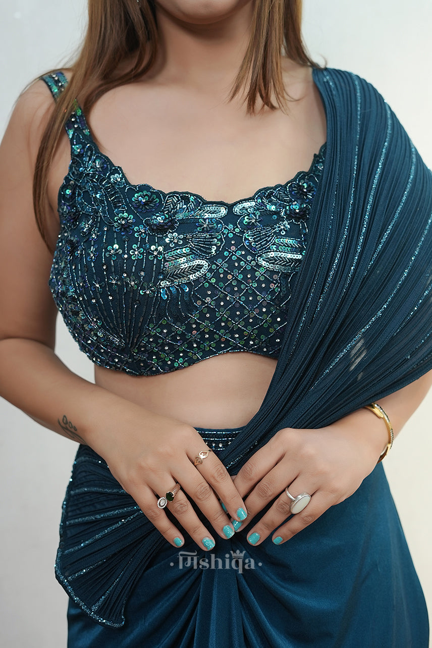 Teal Draped Saree Ensemble