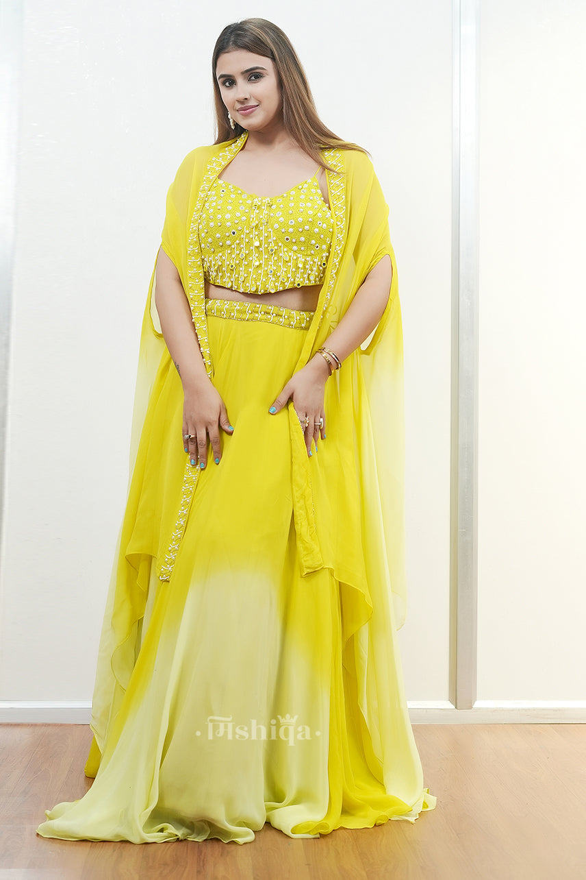 Lemon Mirrorwork Cape Lehenga