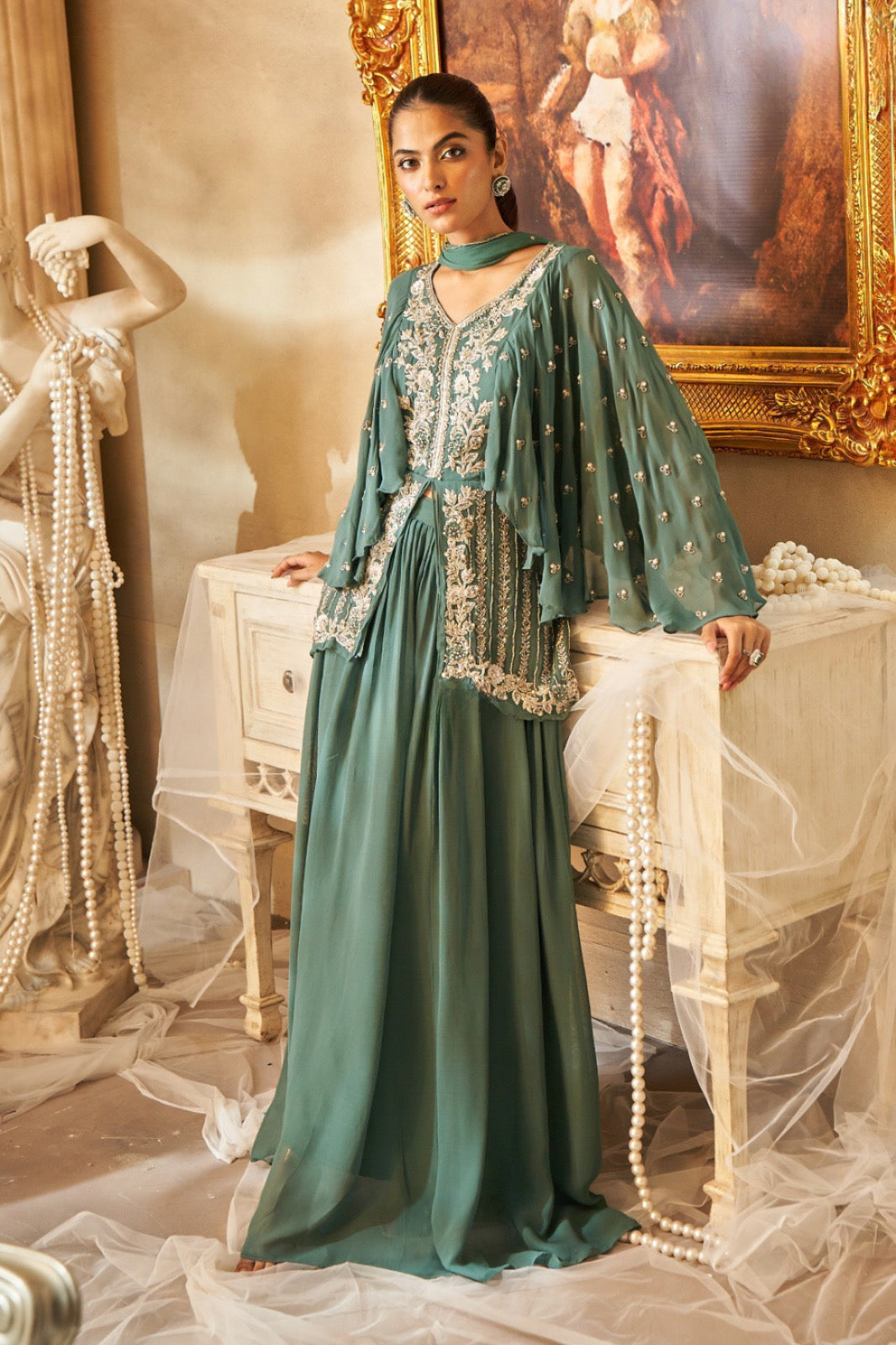 Sage Embroidered Cape Set