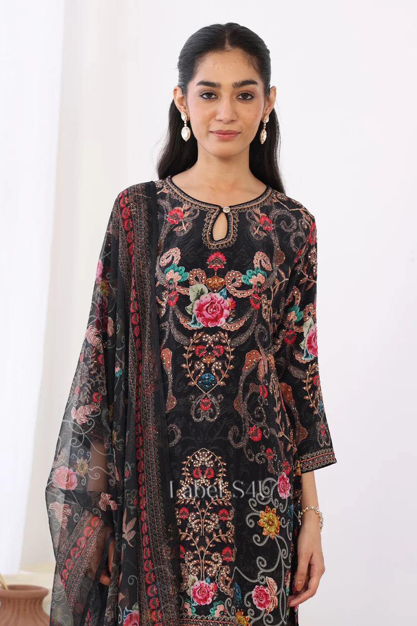 Noir Tapestry Floral Embroidered Suit Set