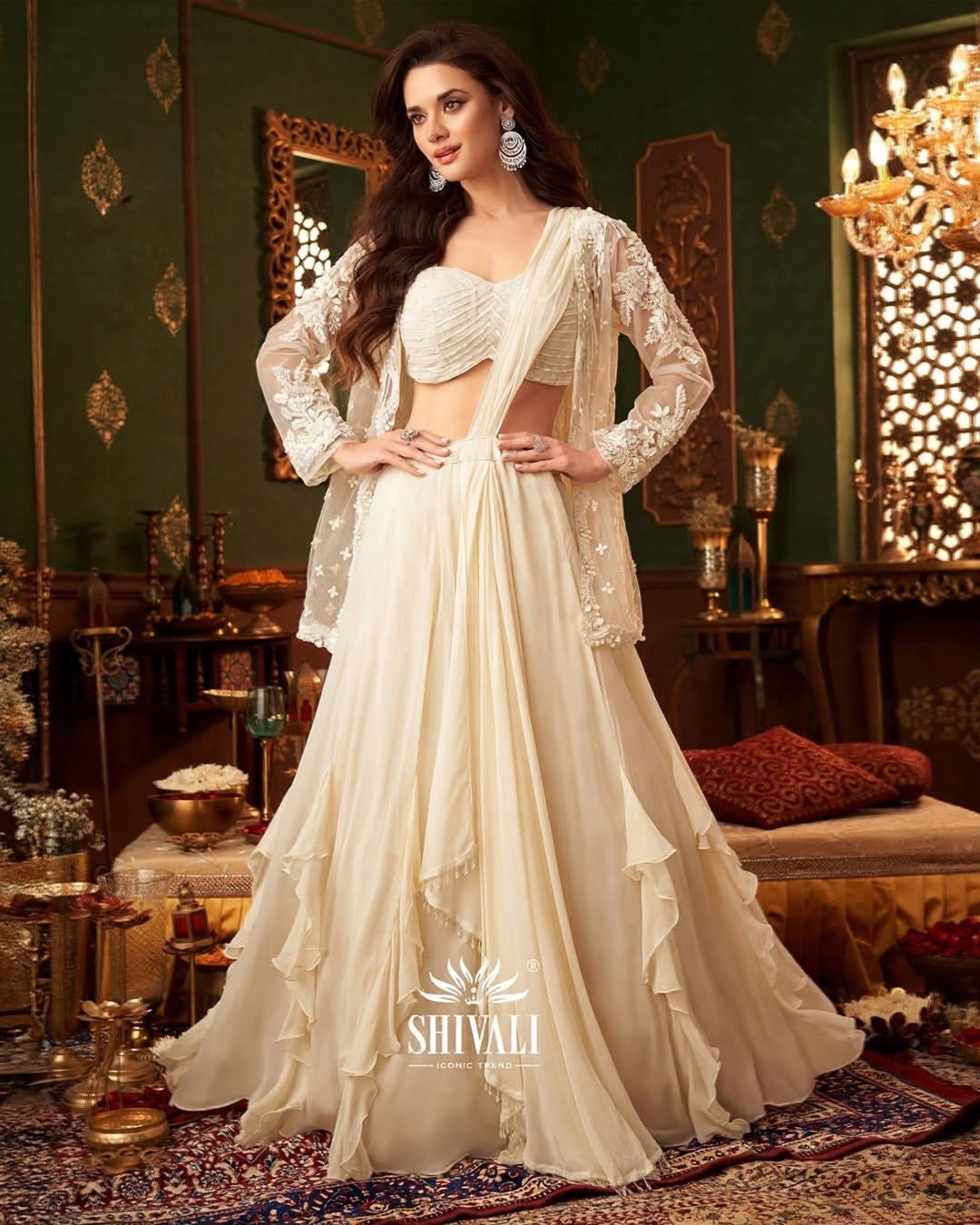Ivory Ruffle Cape Lehenga