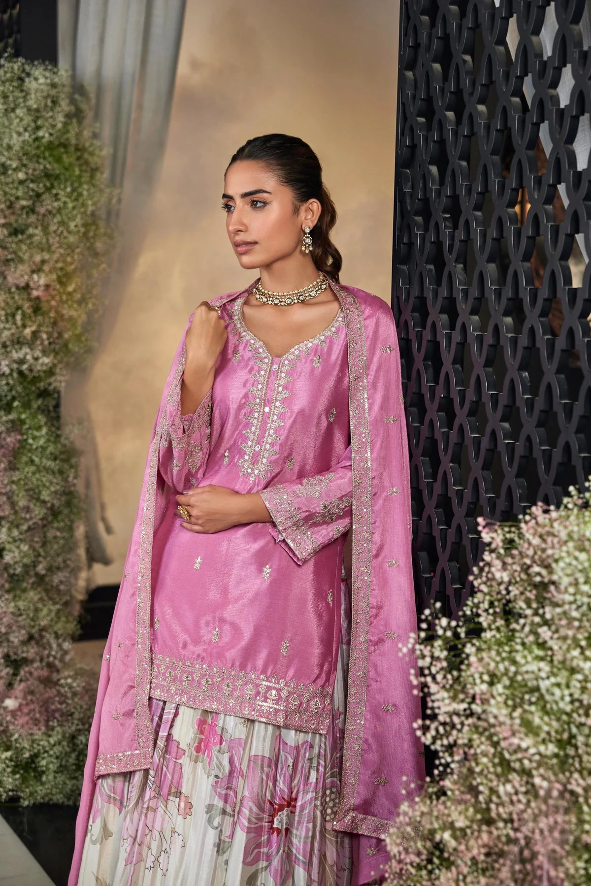 Pink Floral Sharara Set