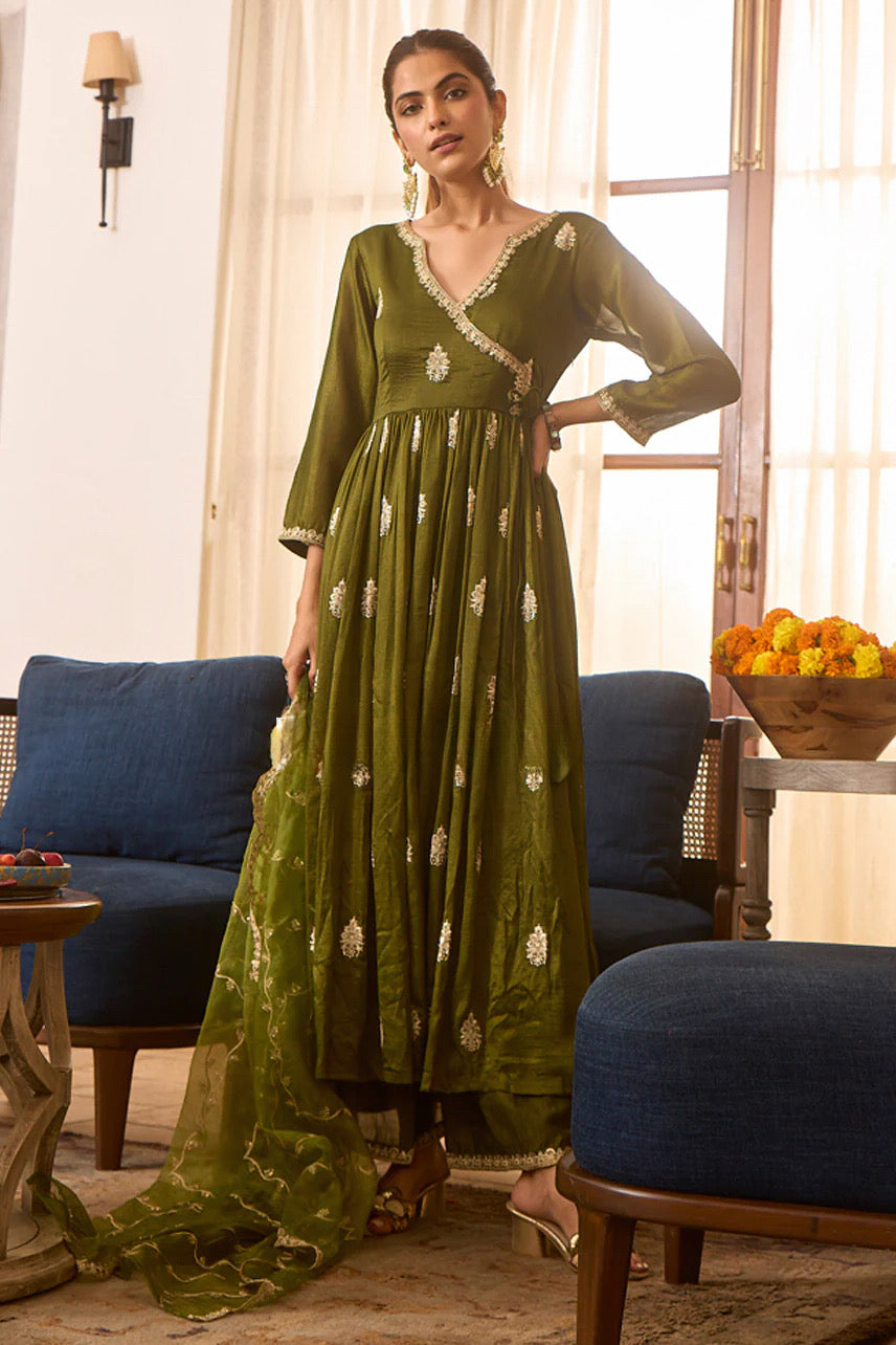 Olive Embroidered Anarkali Set