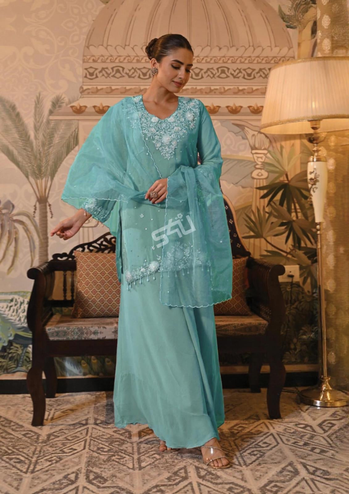 Aqua Serenity Embroidered Kurta Dupatta Set