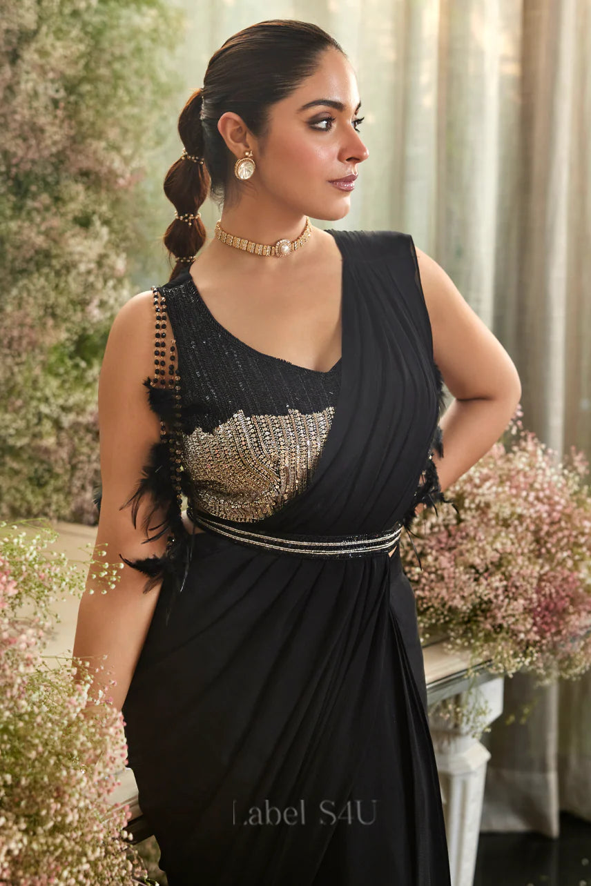 Black Enigma Sequin-Fringe Pre-Draped Saree Set