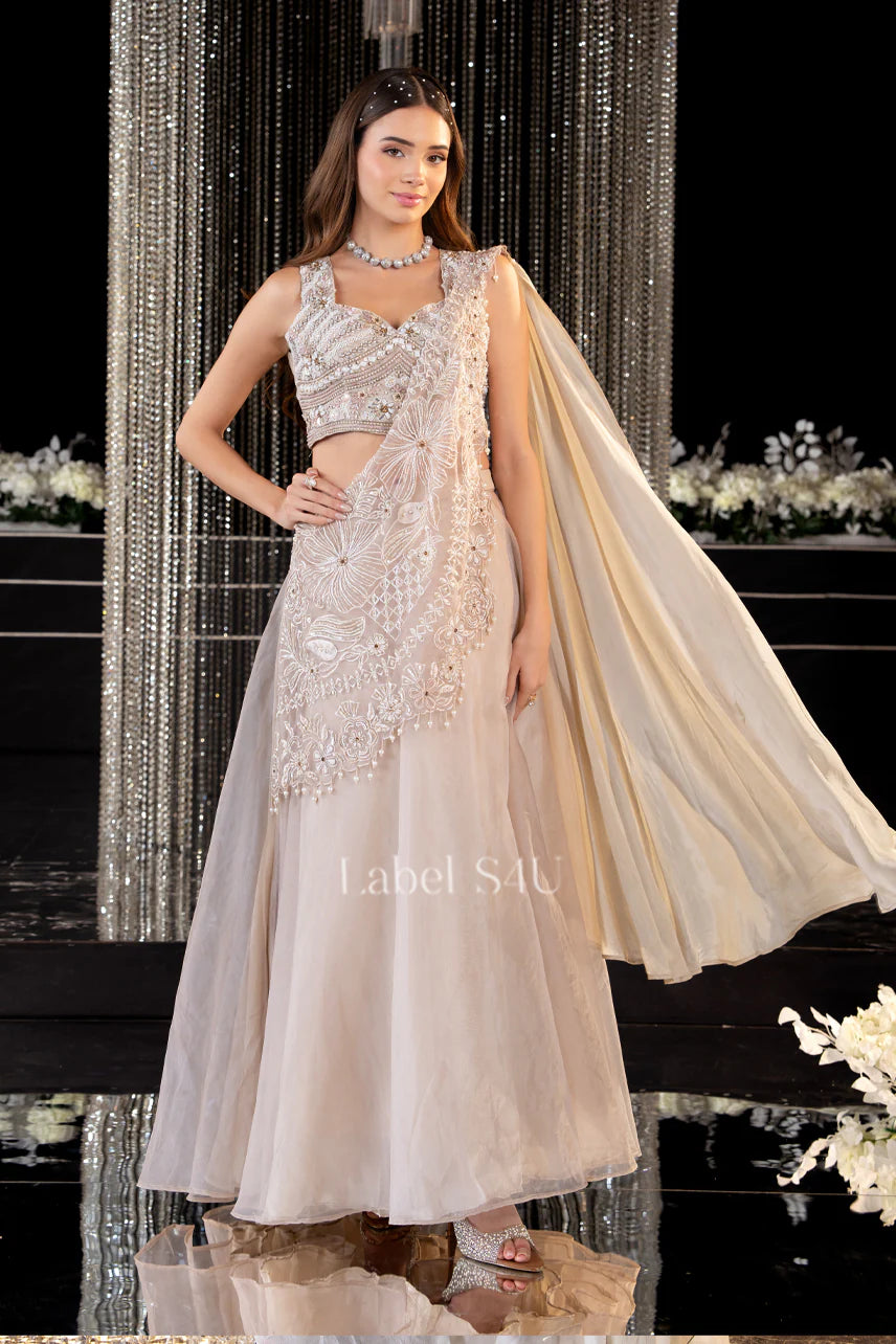 Ivory Crystal Drape Lehenga Set