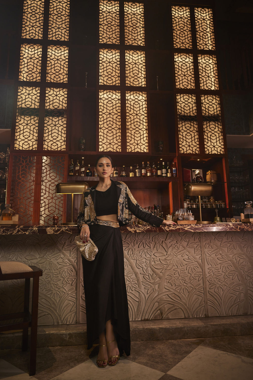 Midnight Stardust Embellished Jacket & Draped Skirt Set