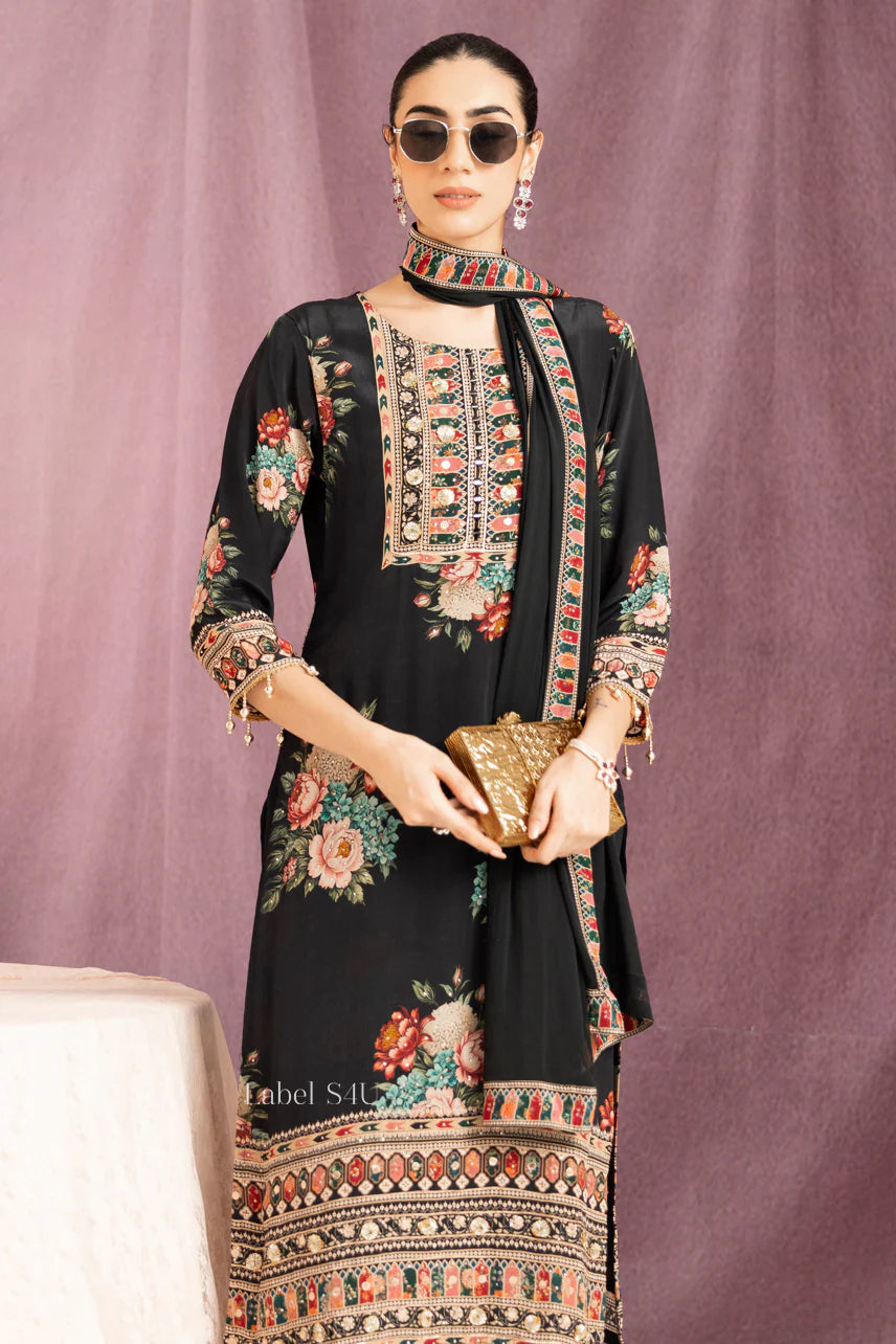 Black Floral Printed Suit Set